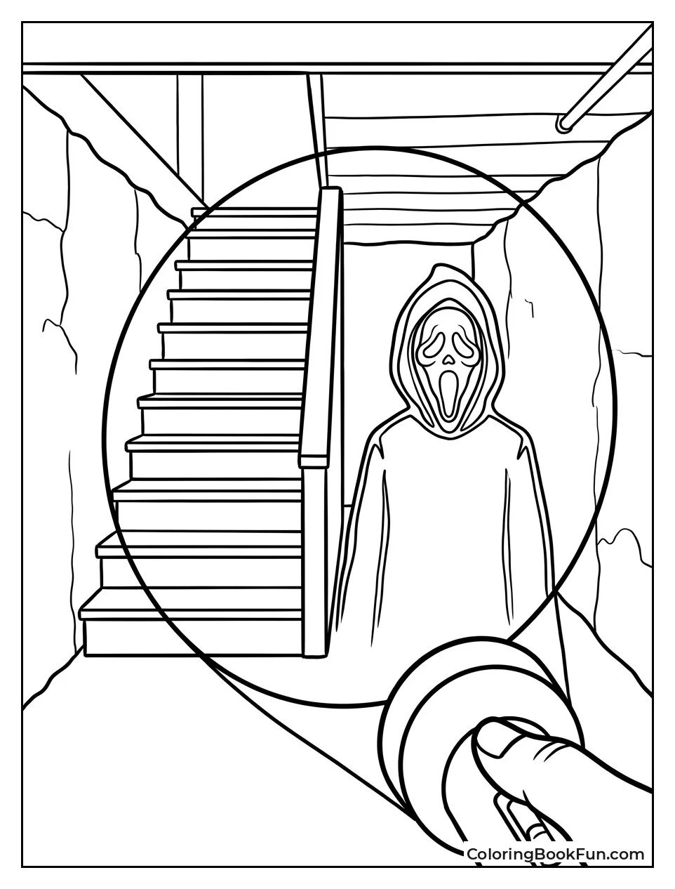Flashlight Beam Hits Ghostface on Stairs