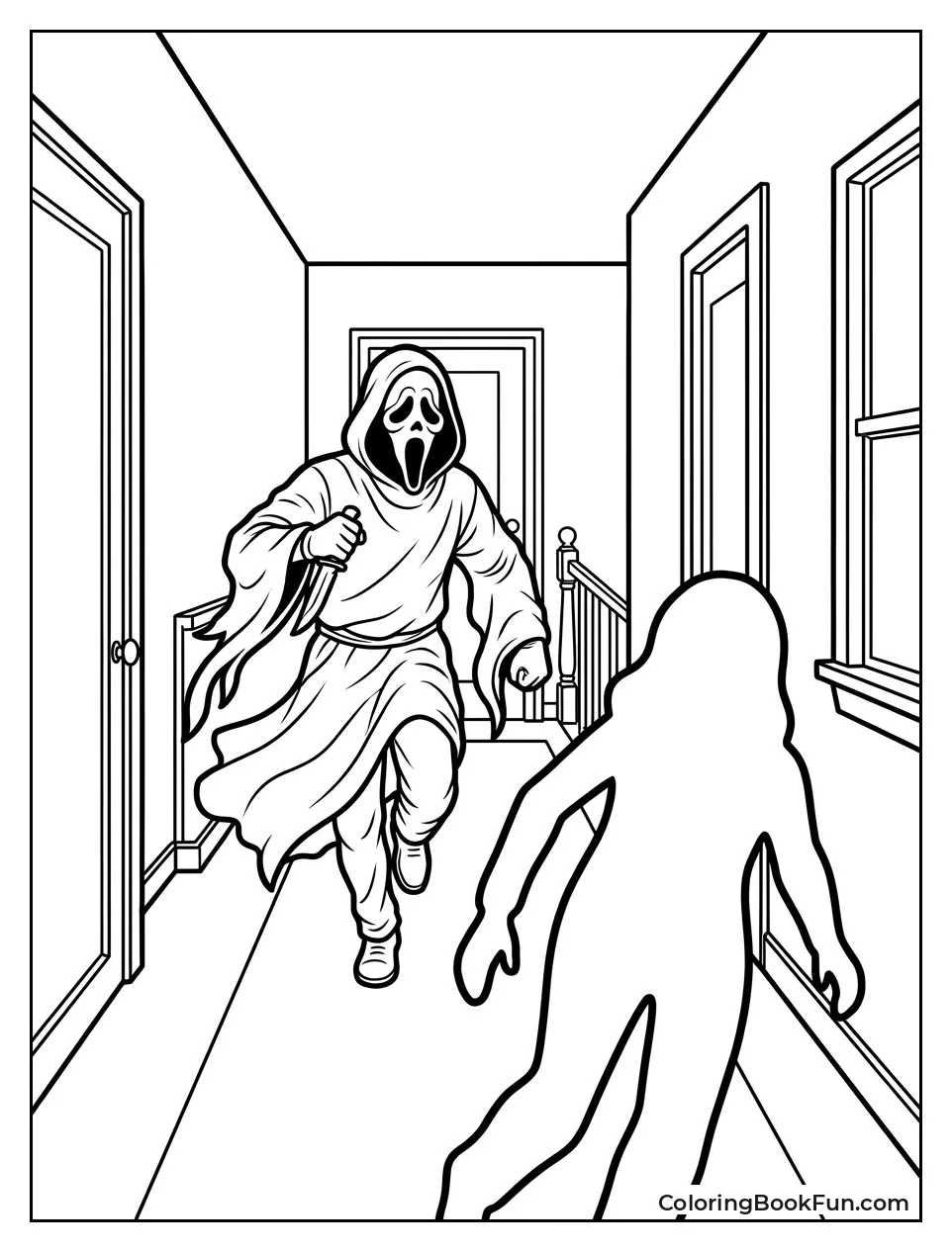 Ghostface Chasing Shadow Through Dark House