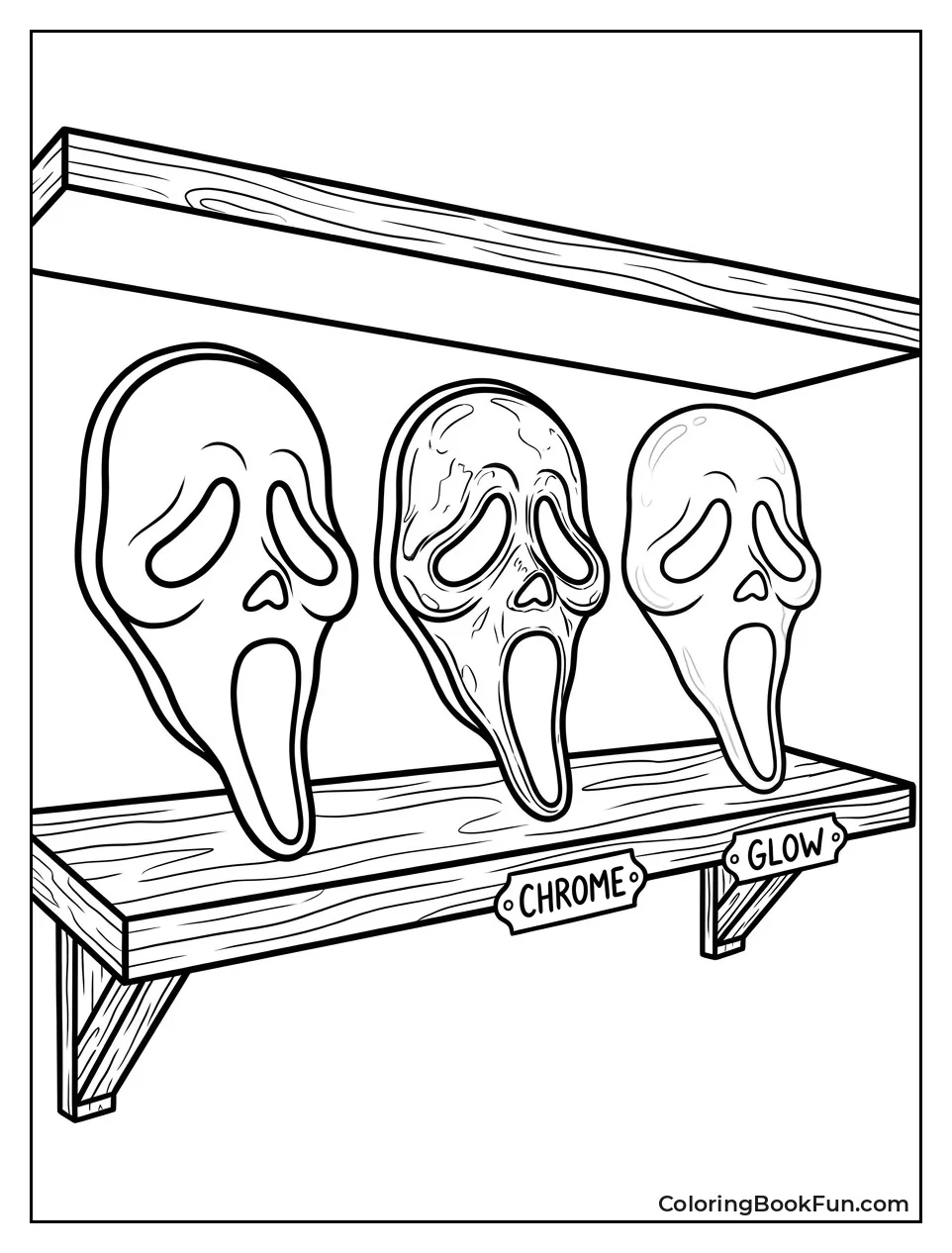 Shelf of Different Ghostface Masks
