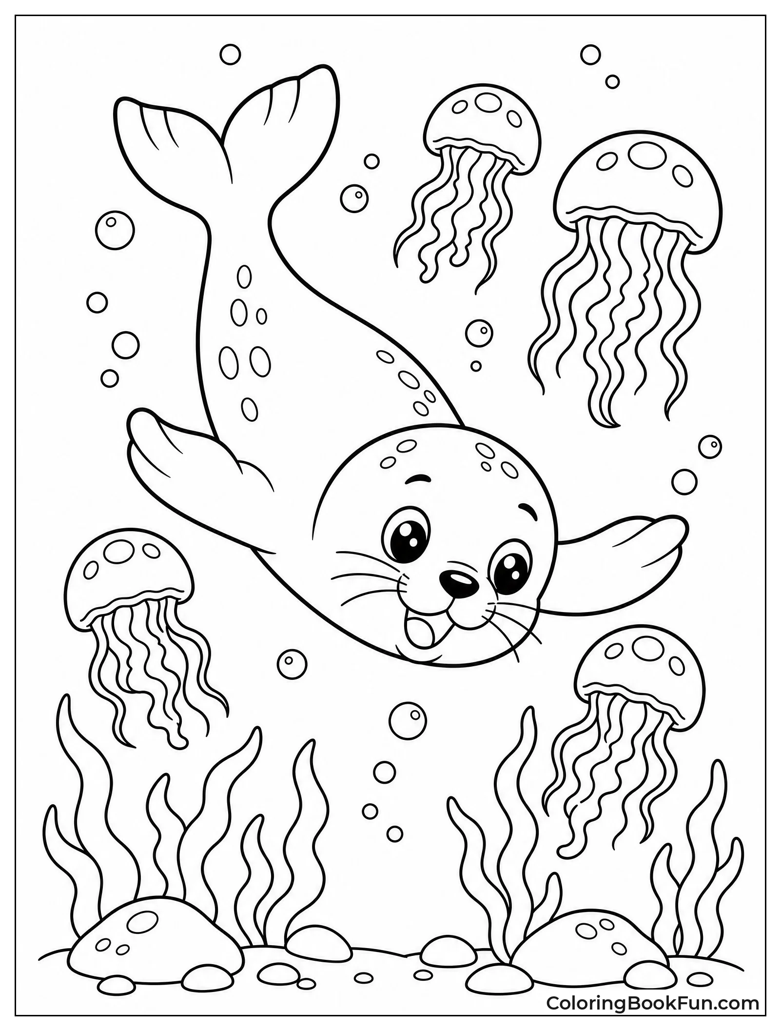 Seal Diving Near Glowing Jellyfish