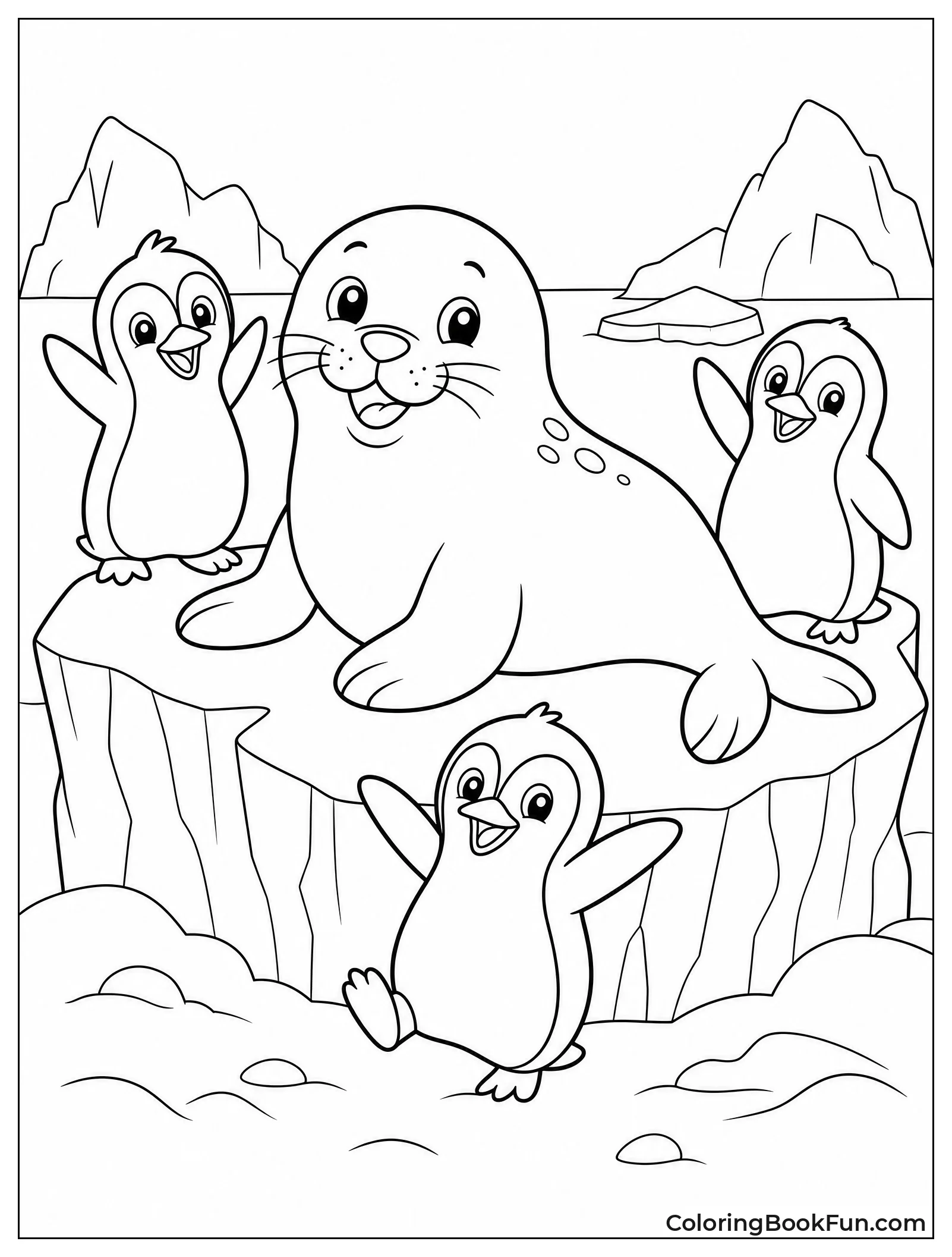 Seal Resting With Playful Penguins