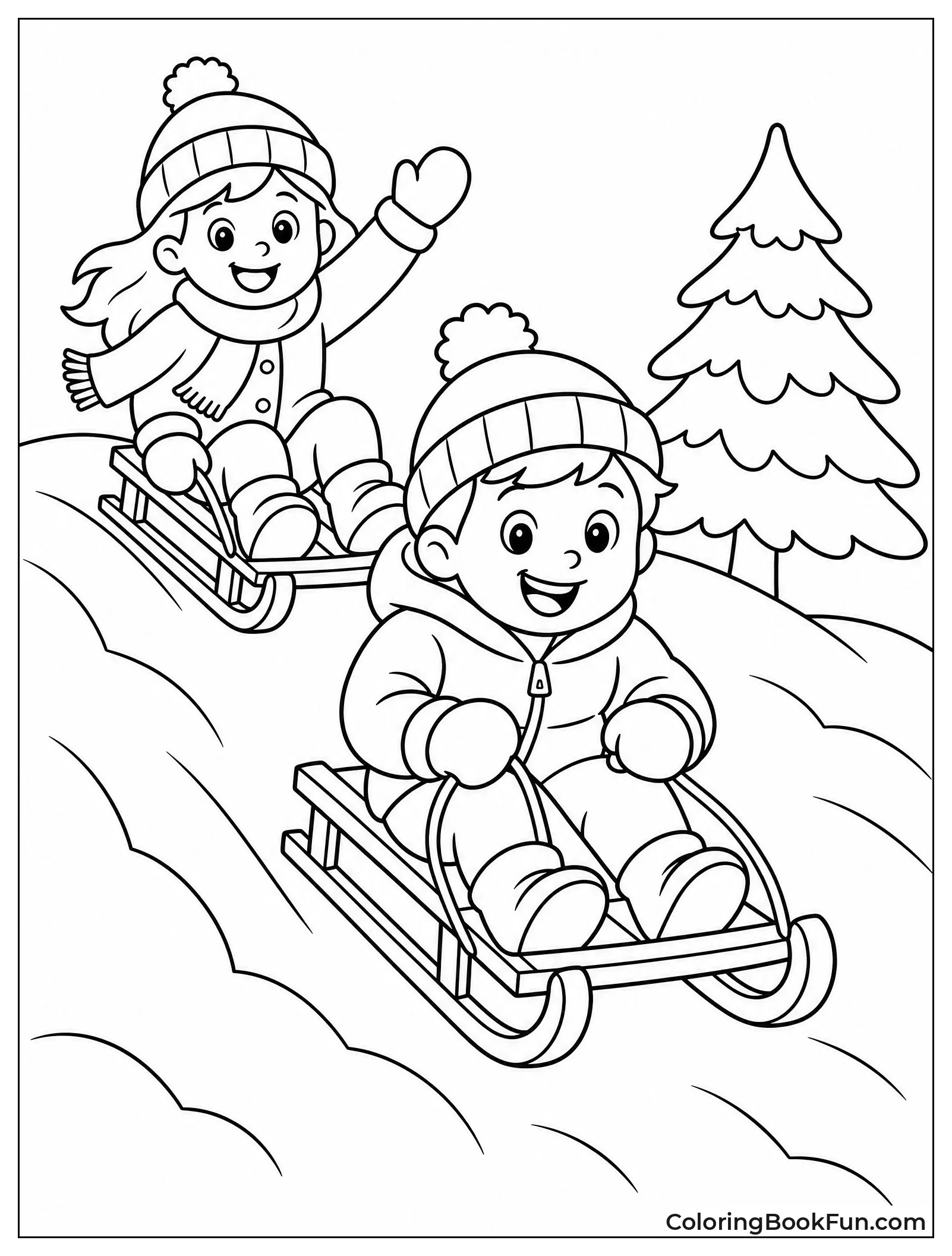 Kids Sledding Down a Snowy Hill
