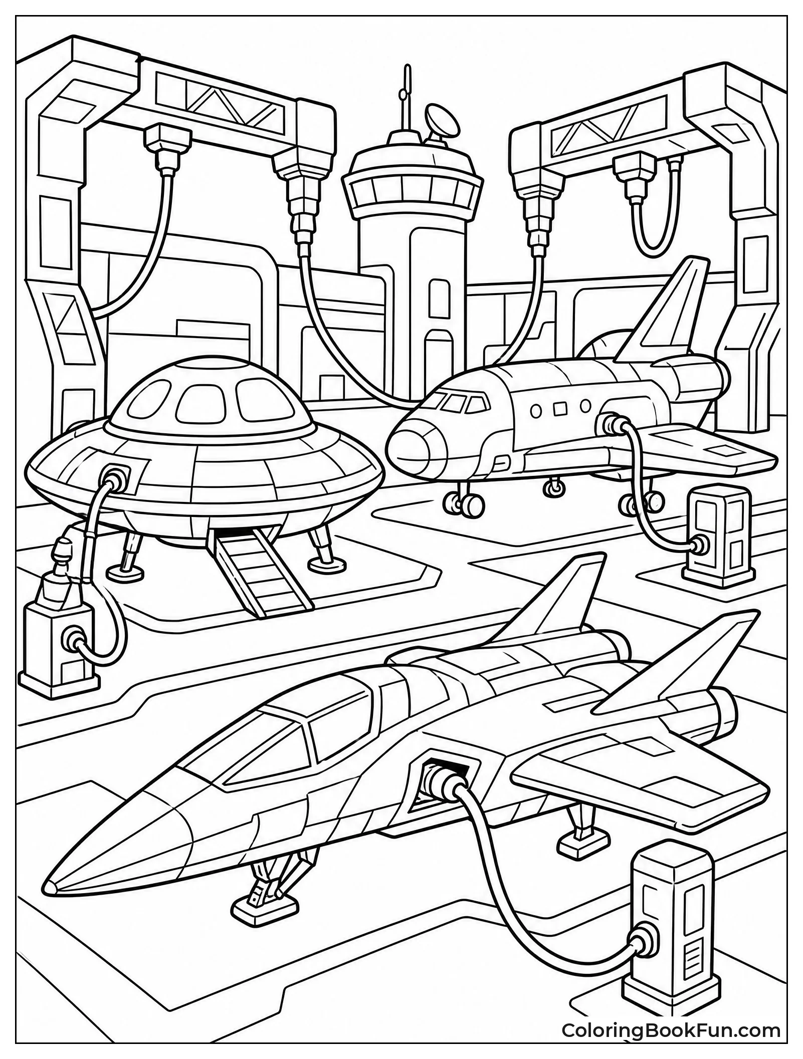 Spaceships Docked at Busy Spaceport