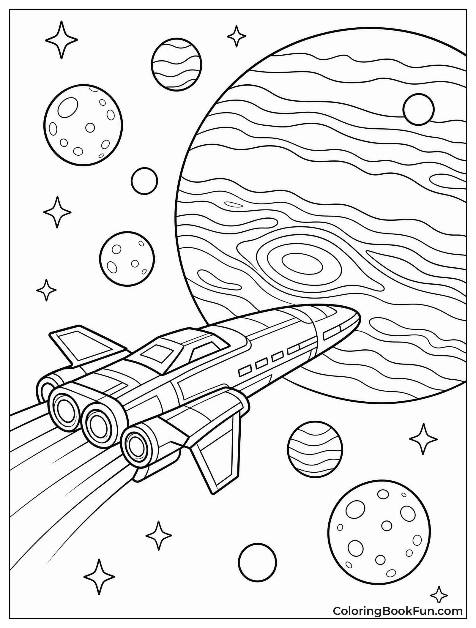 Spaceship Passing Jupiter and Moons