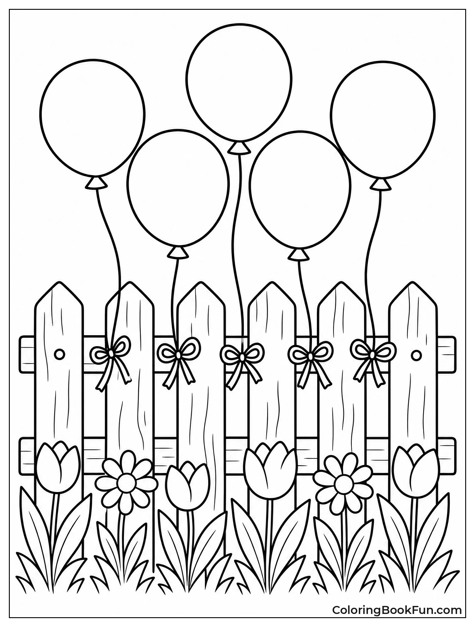 Balloons by Spring Flowers on Fence