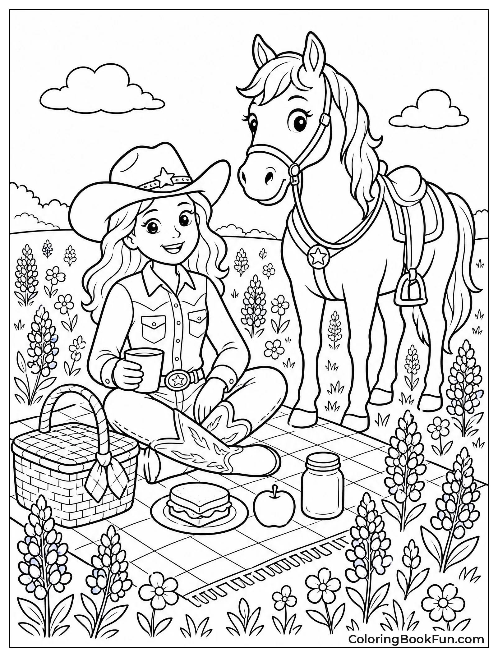 Cowgirl Picnicking Among Wildflowers