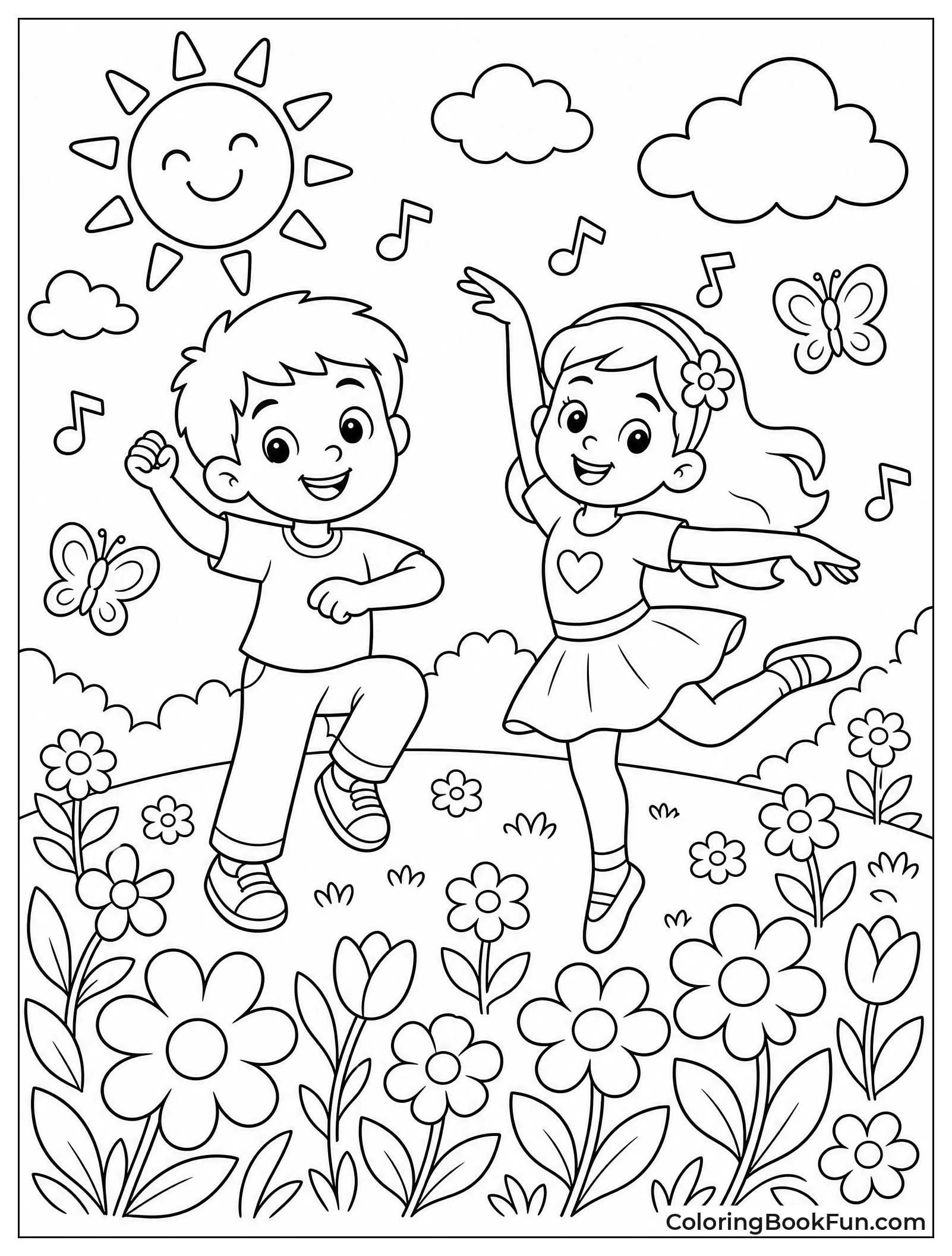 Kids Dance Among Spring Flowers