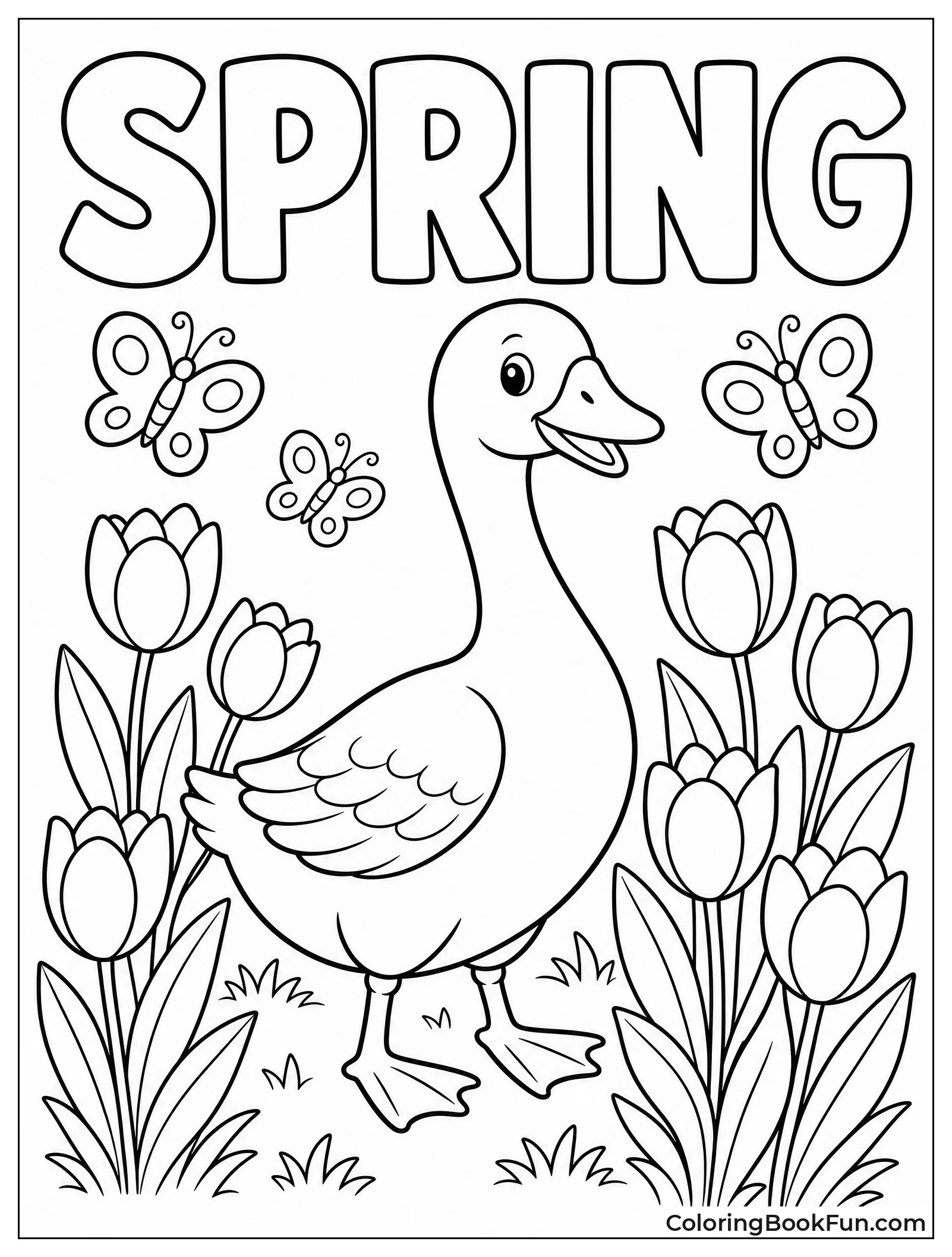 Goose Among Spring Tulips