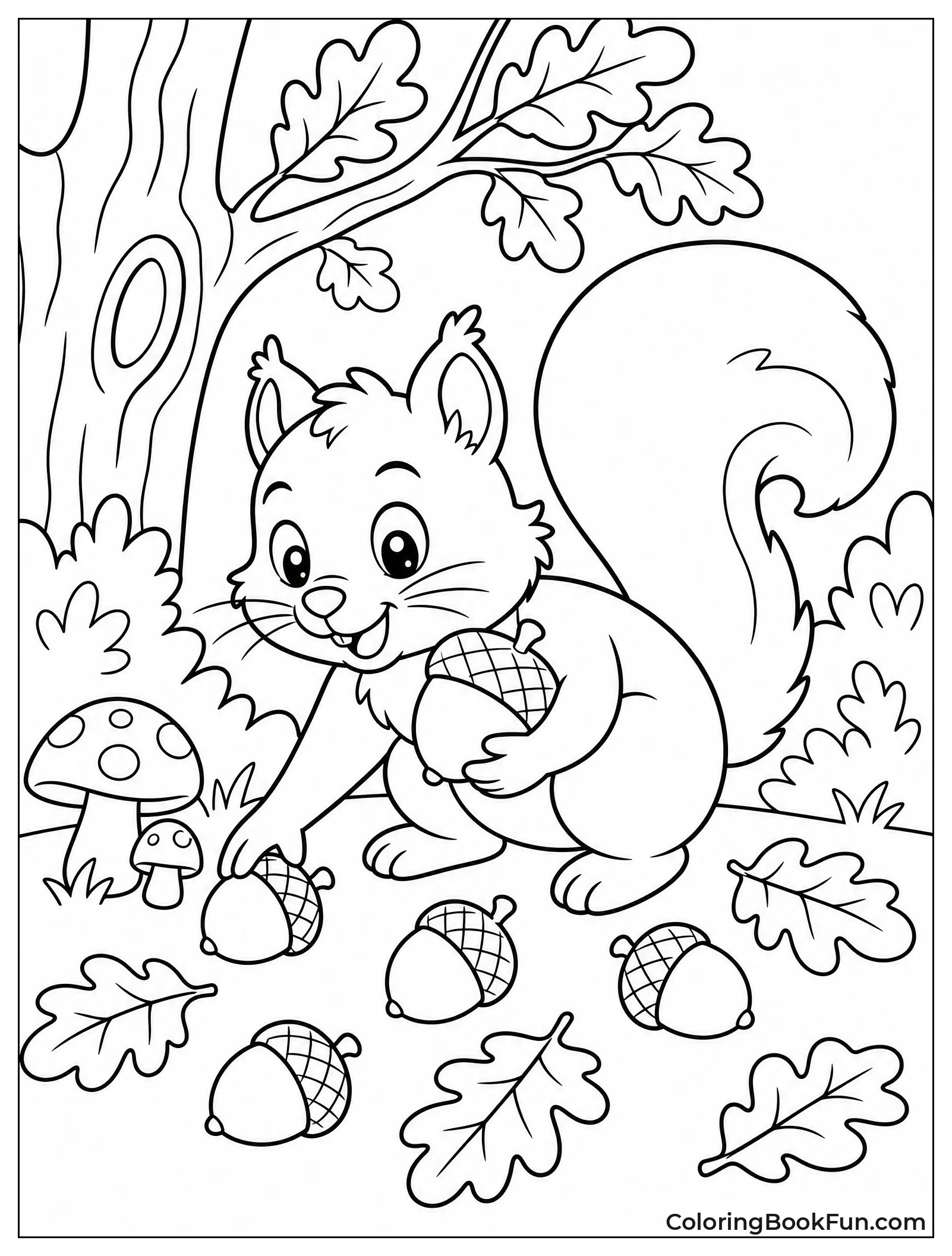 Squirrel Gathers Acorns In Woods