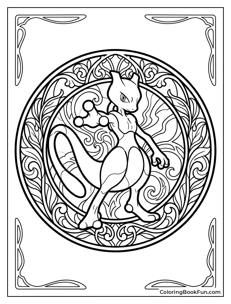 Mewtwo Depicted Inside Stained Glass Window Frame