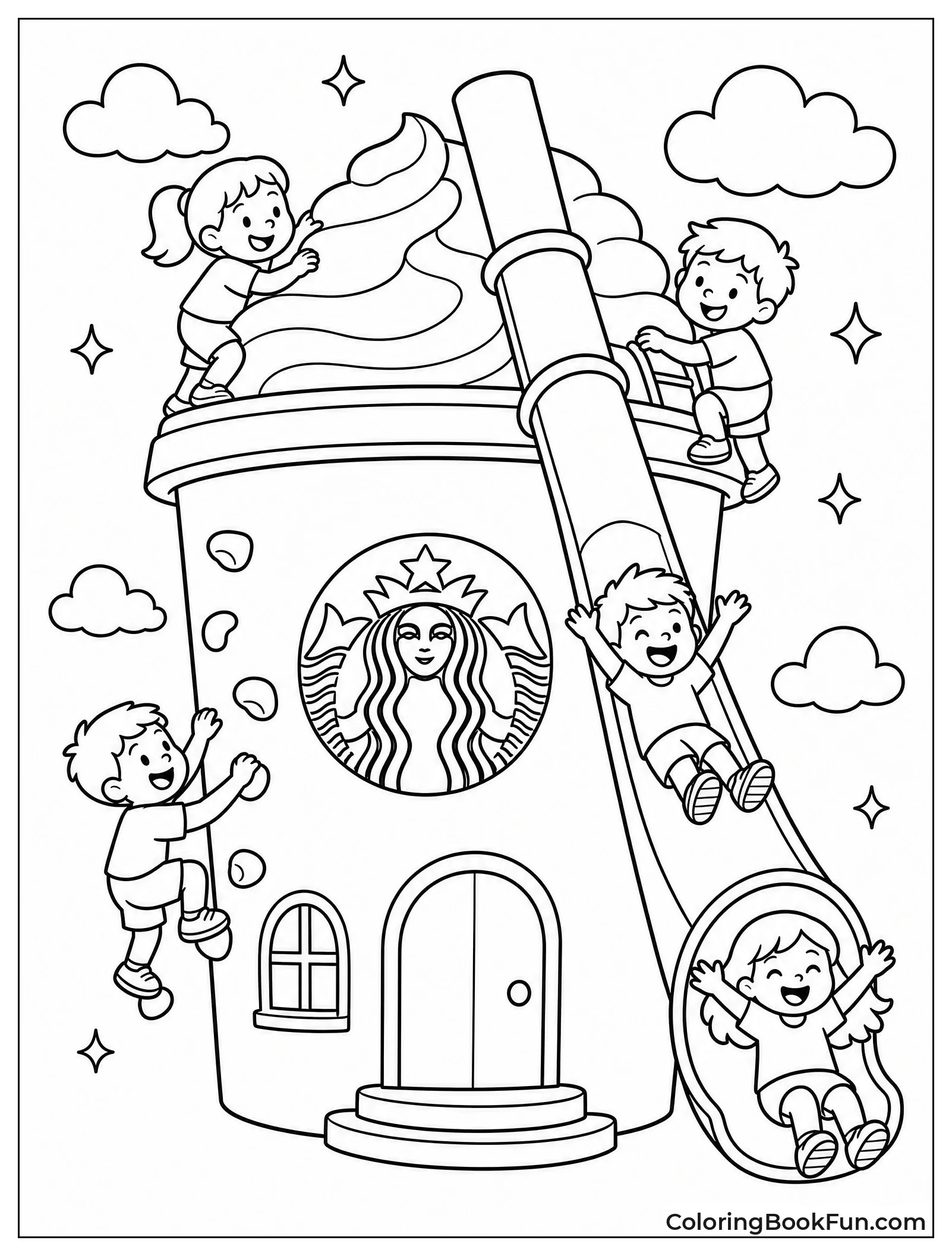 Kids Climb Giant Frappuccino Slide