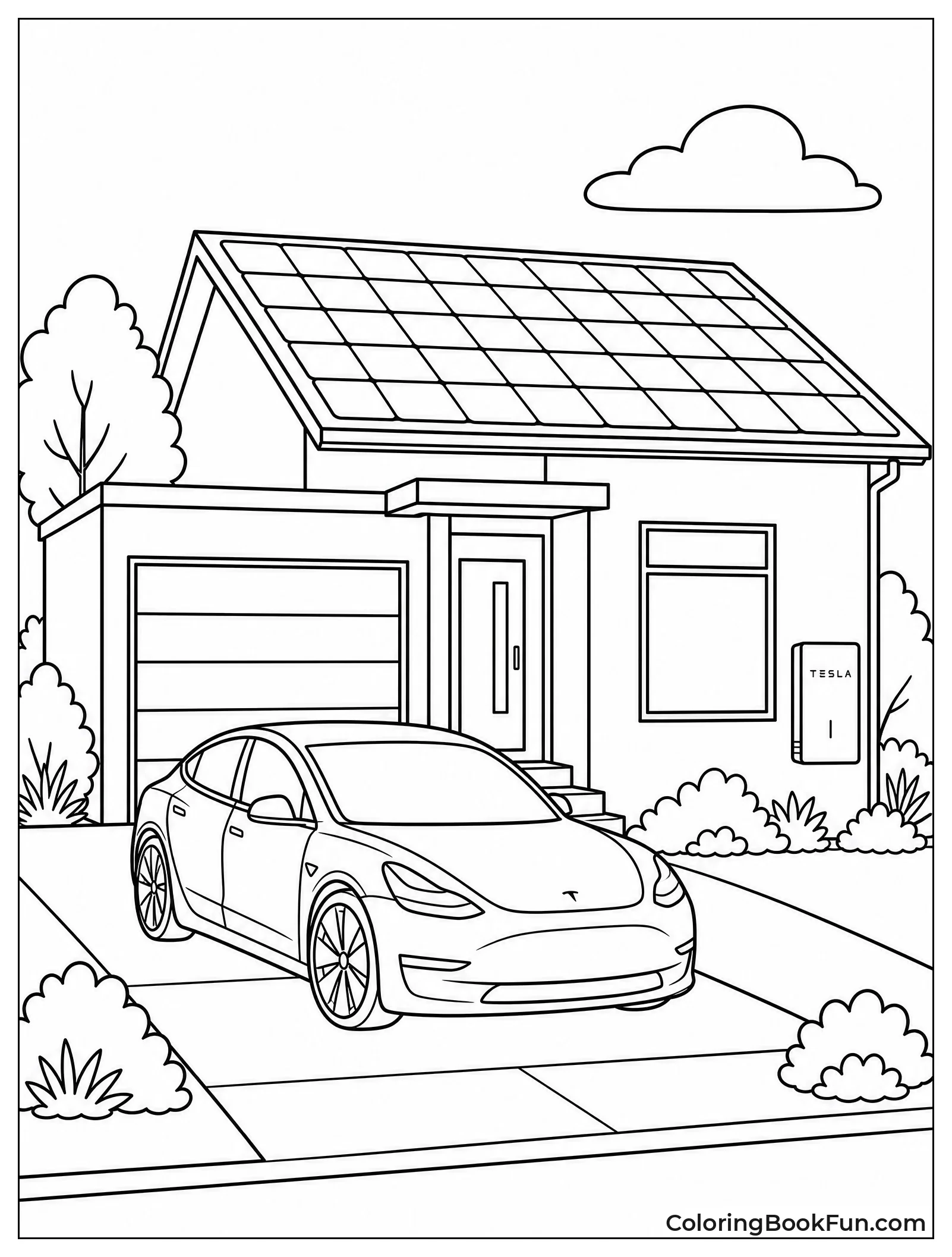 House with Solar Roof and Tesla