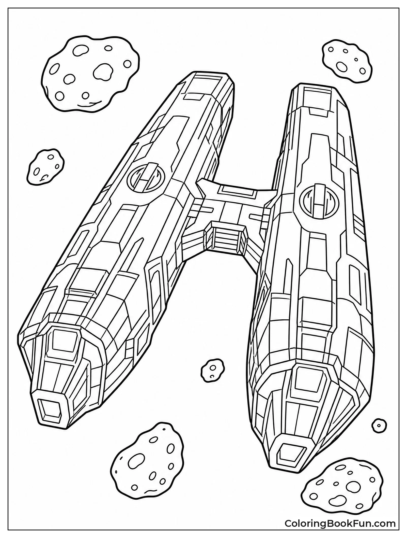 Big Starship Flying Through Asteroids