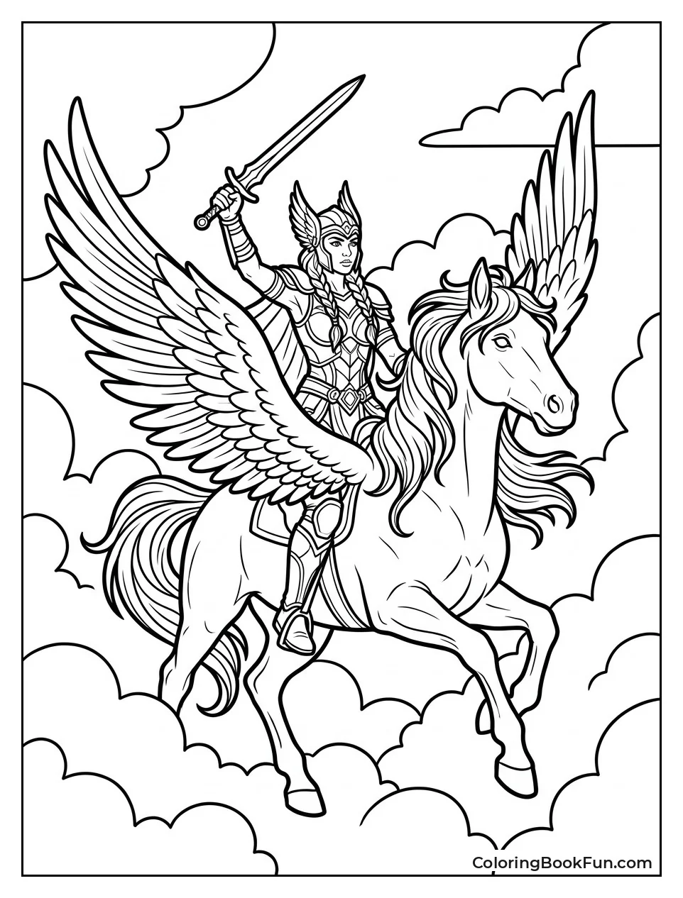 Valkyrie Riding Pegasus through Clouds