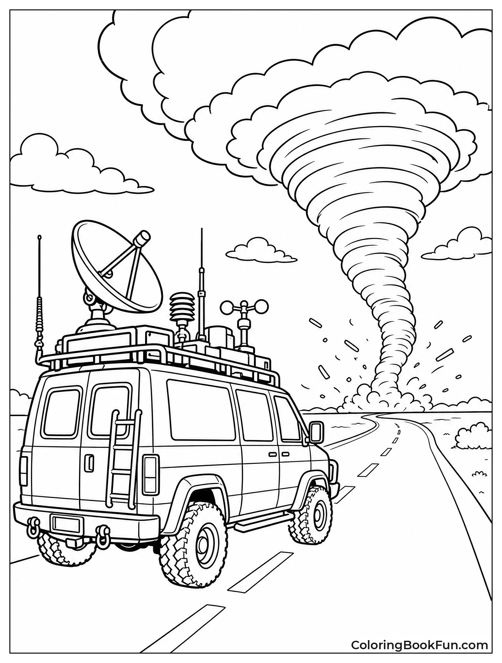 Storm Chaser Van Drives Toward Tornado