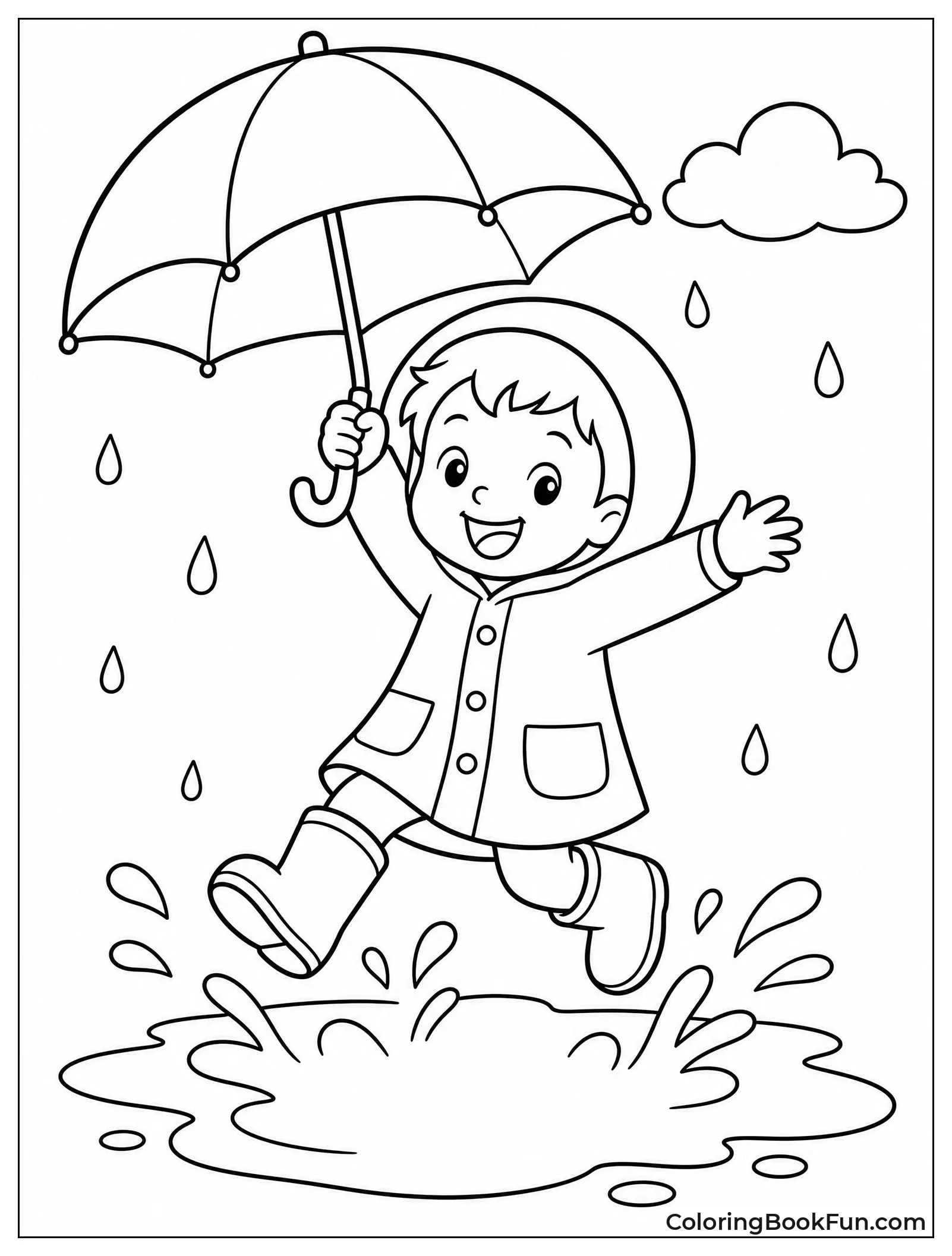Child Jumps in Puddle with Umbrella