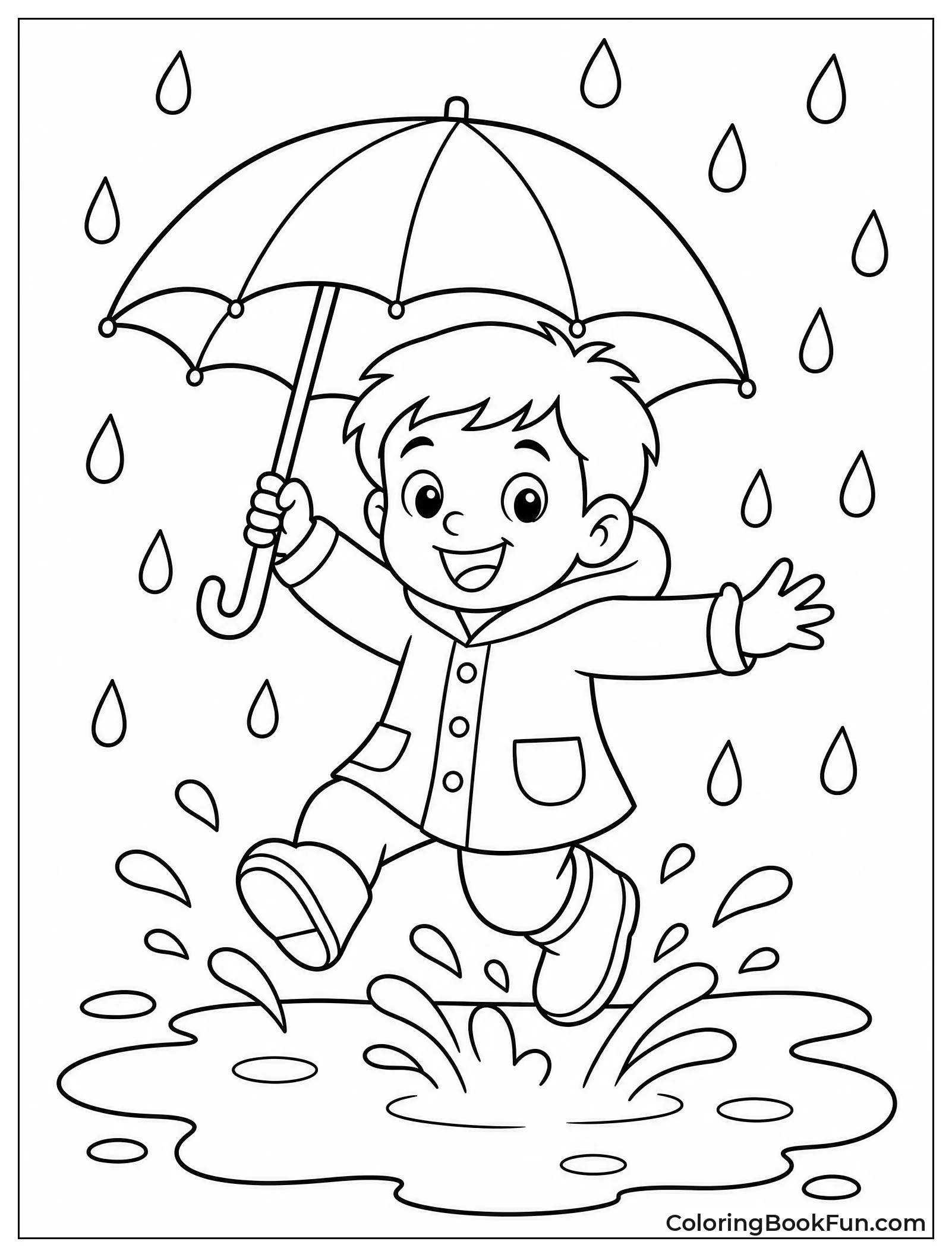 Child Jumps in Puddle Under Umbrella