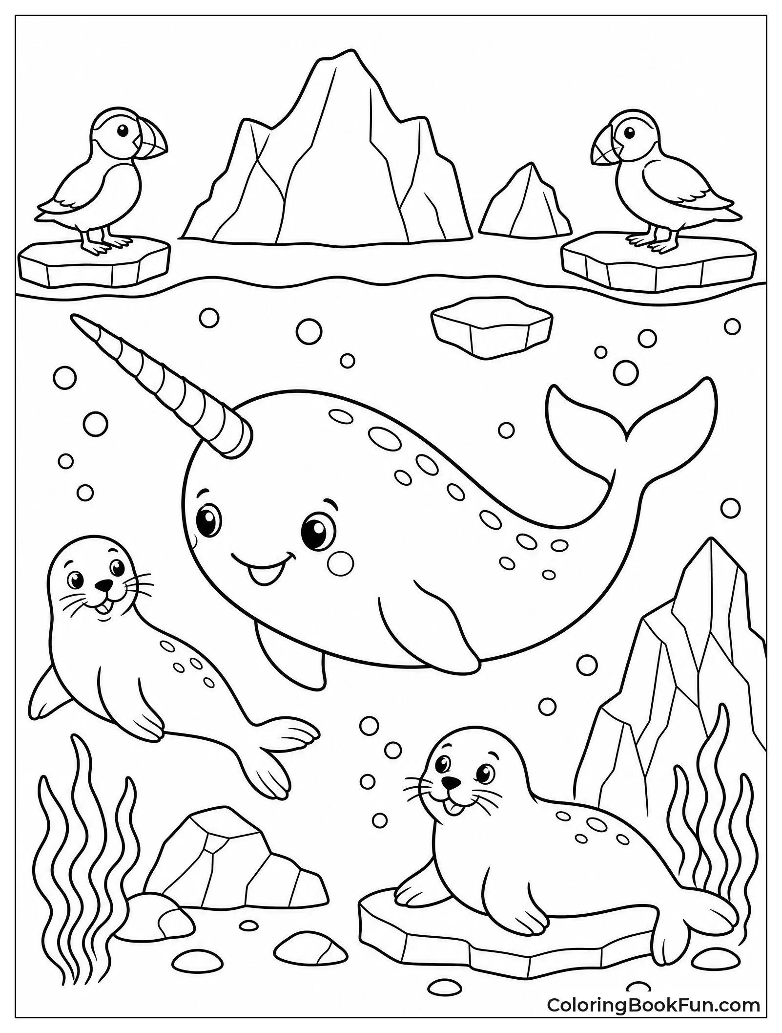 Narwhal Swims Near Icebergs