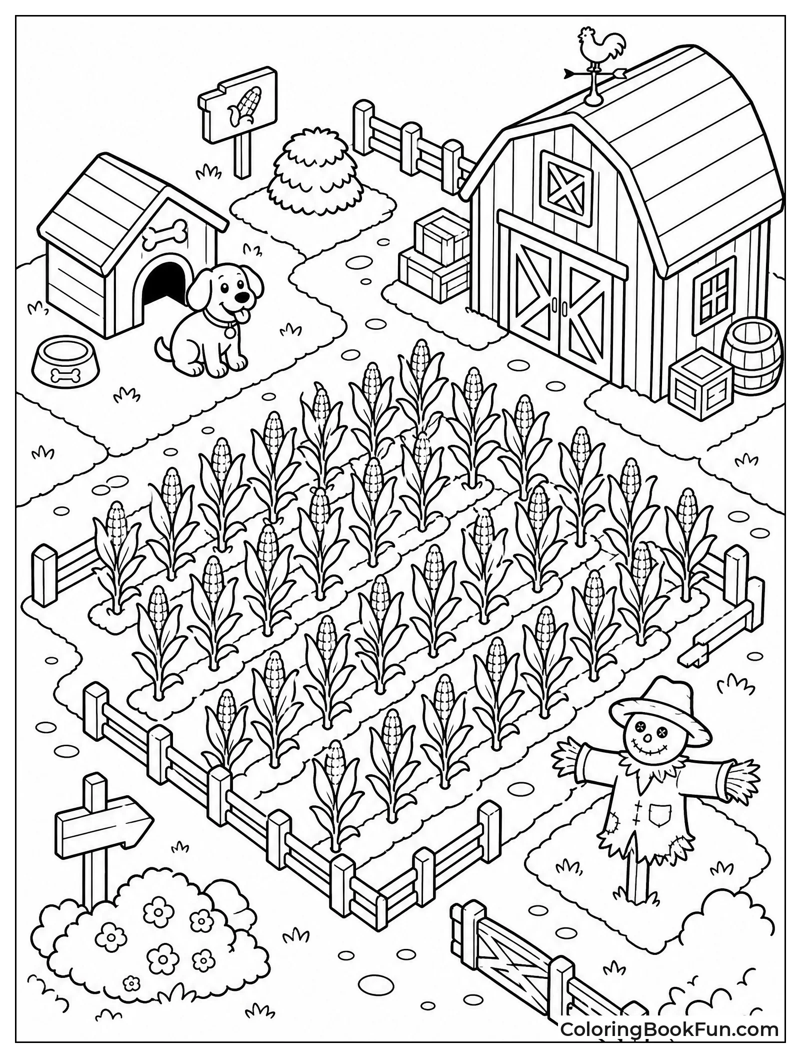 Farm with Barn and Scarecrow
