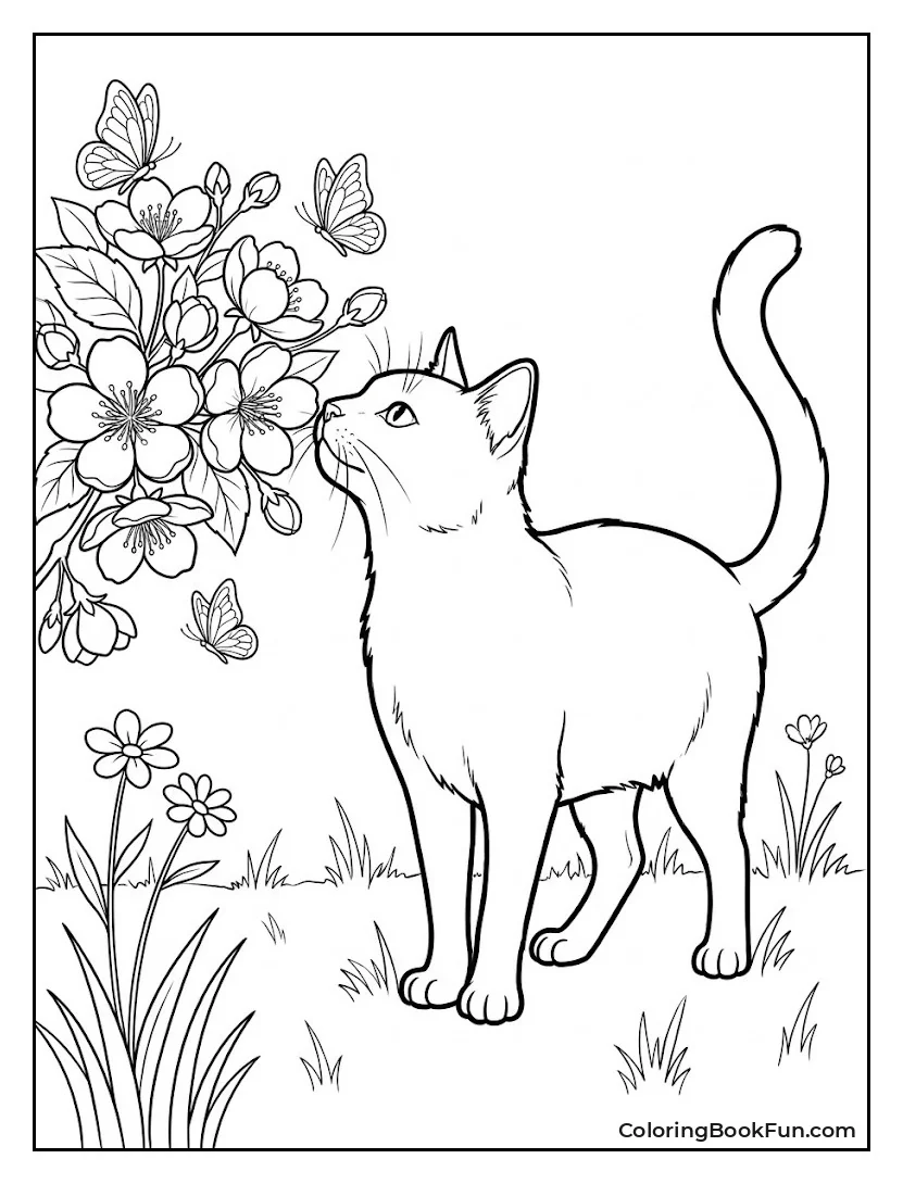 Cat Sniffing Spring Flowers