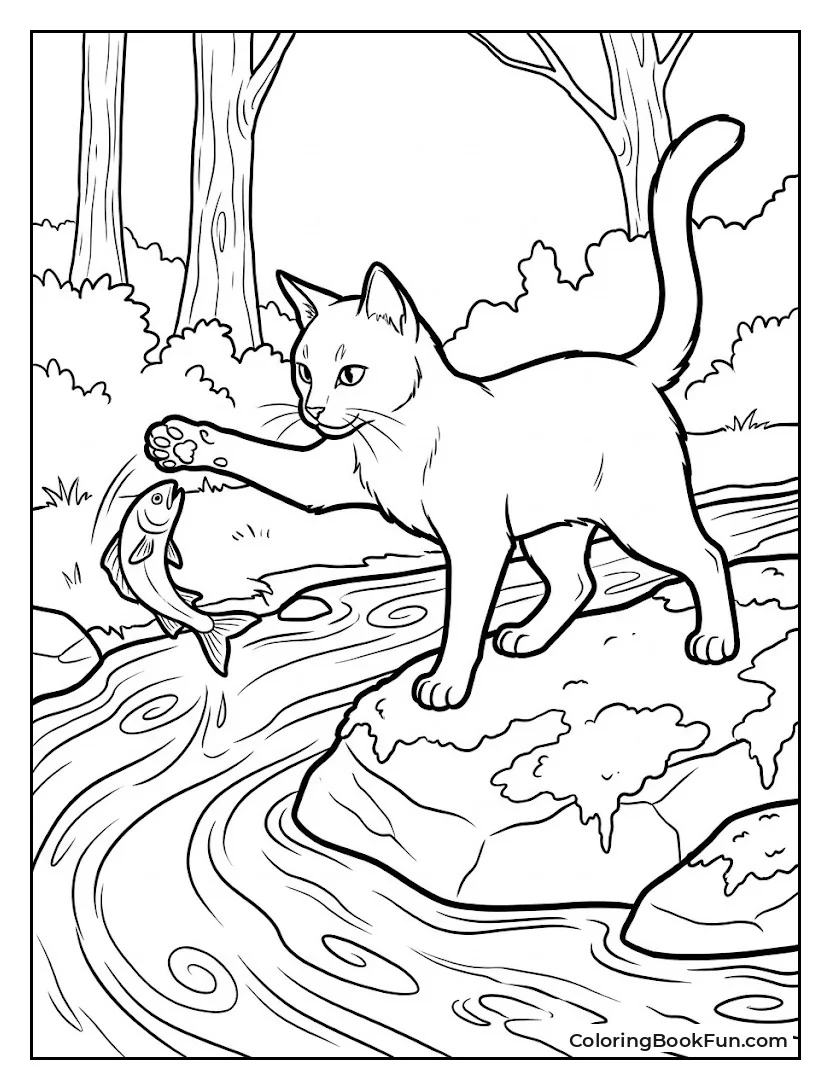 Cat Catching Fish in River