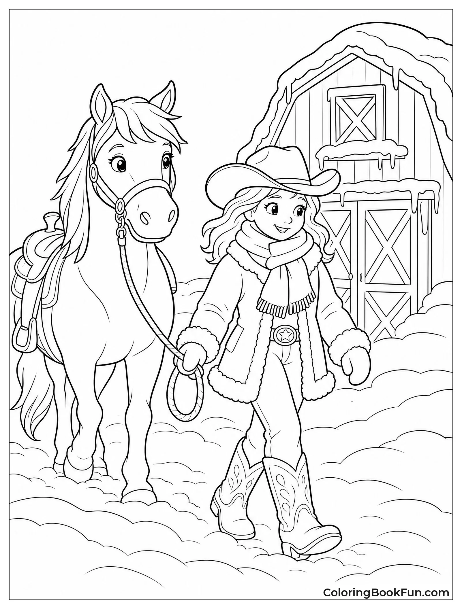 Cowgirl Riding Through Winter Snow