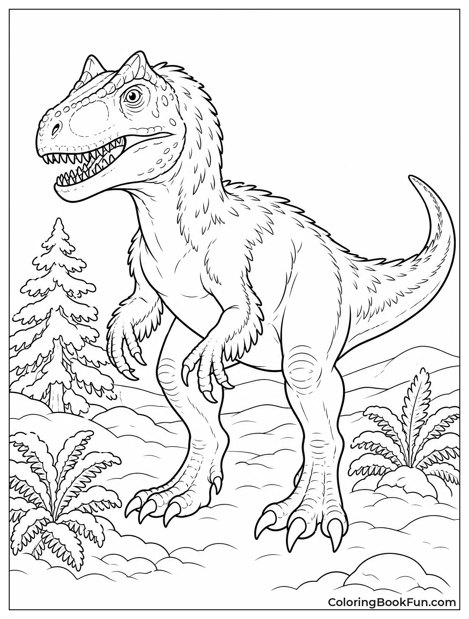 Feathered Allosaurus in Snowy Landscape