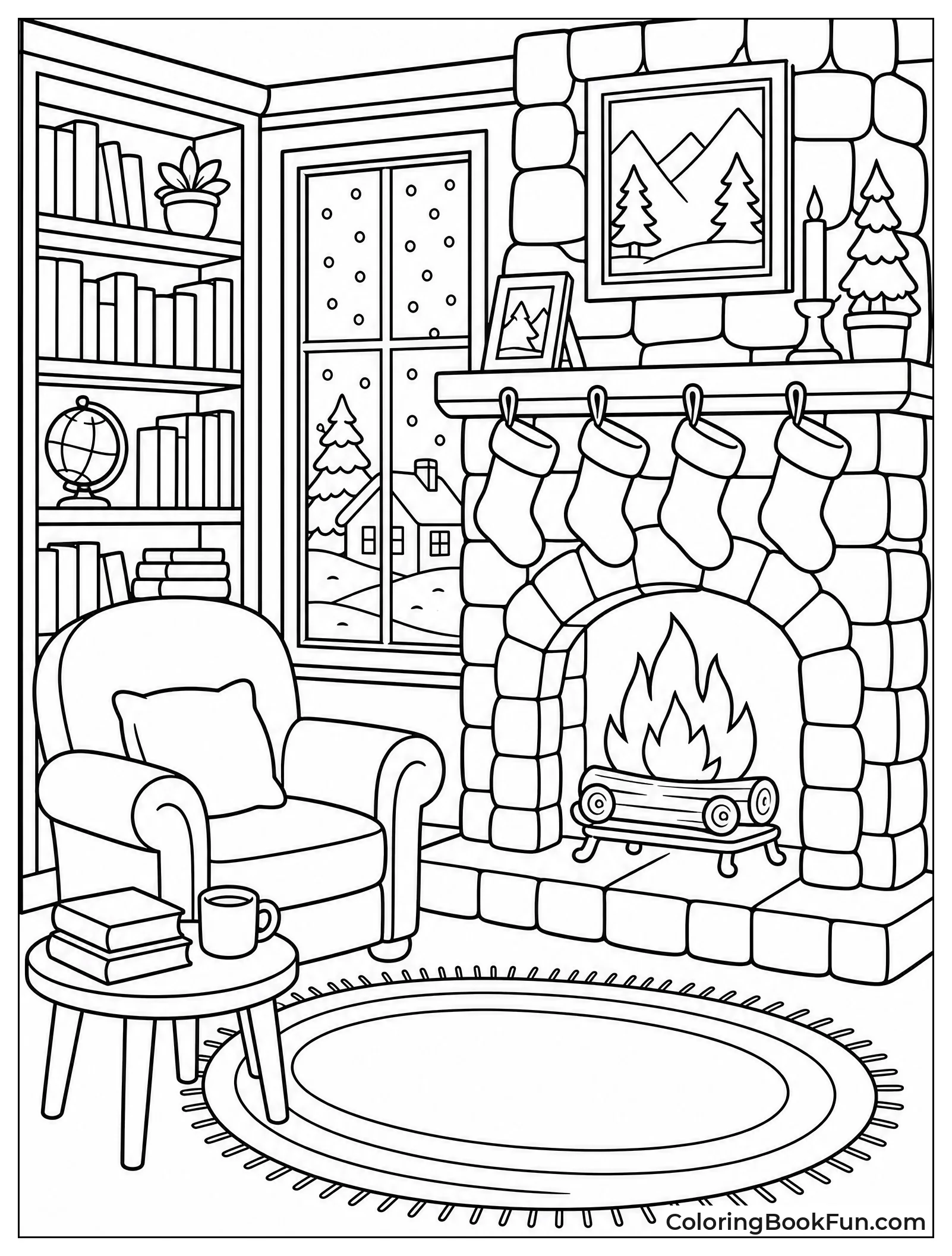 Cozy Library with Fireplace in Winter