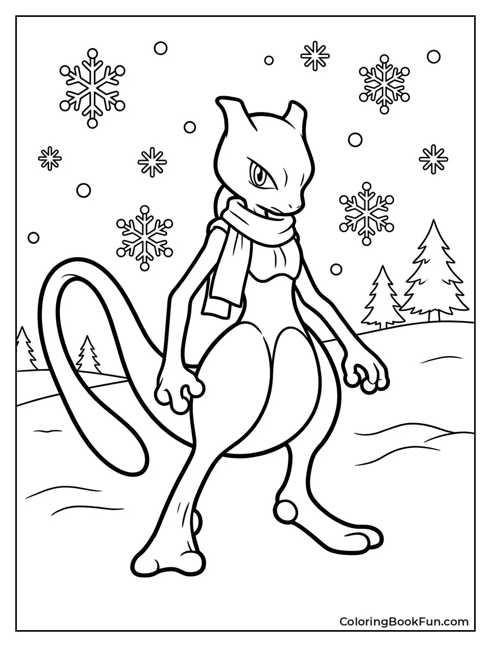 Mewtwo Stands in Snowy Landscape with Scarf