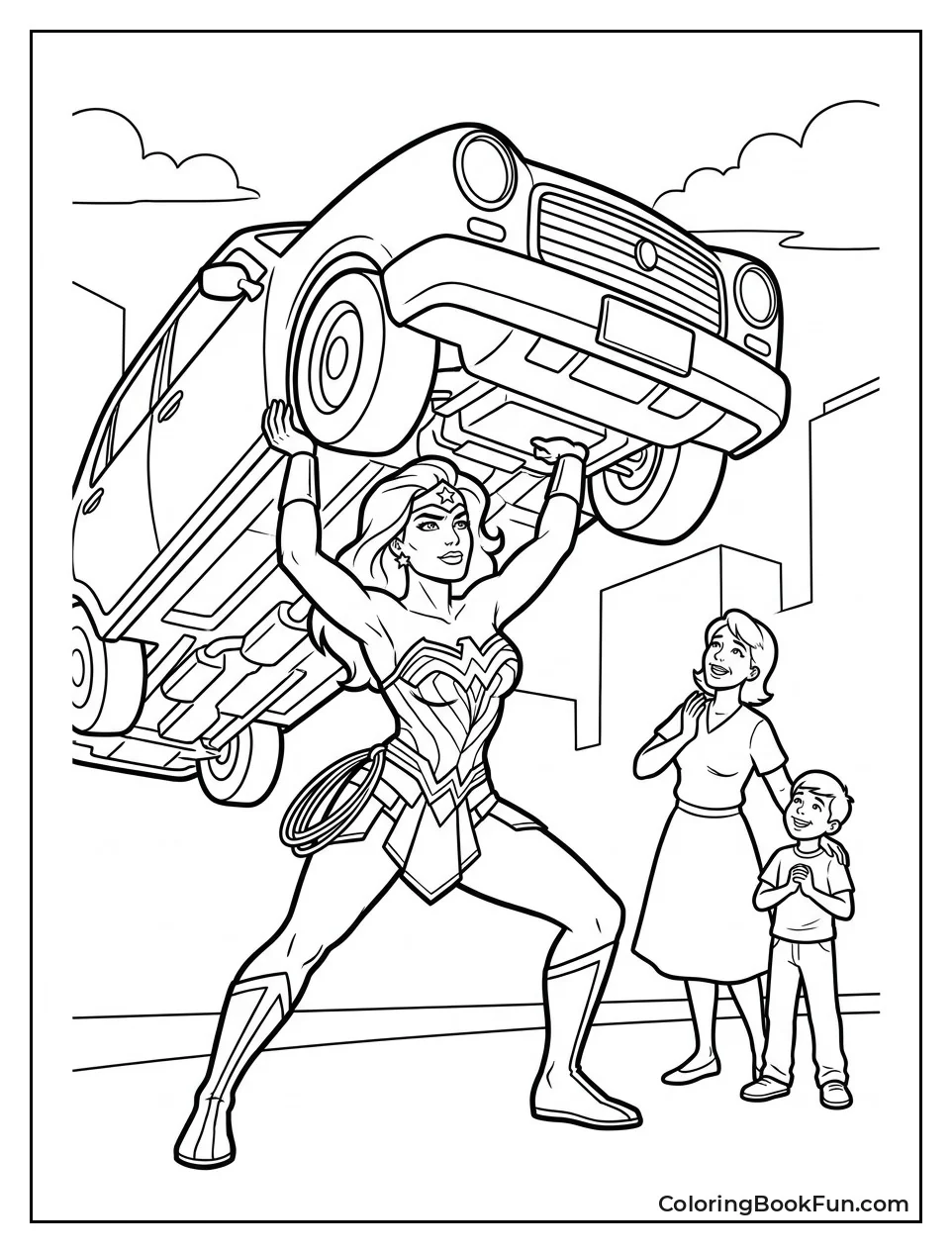 Wonder Woman Lifts Heavy Car for Rescue