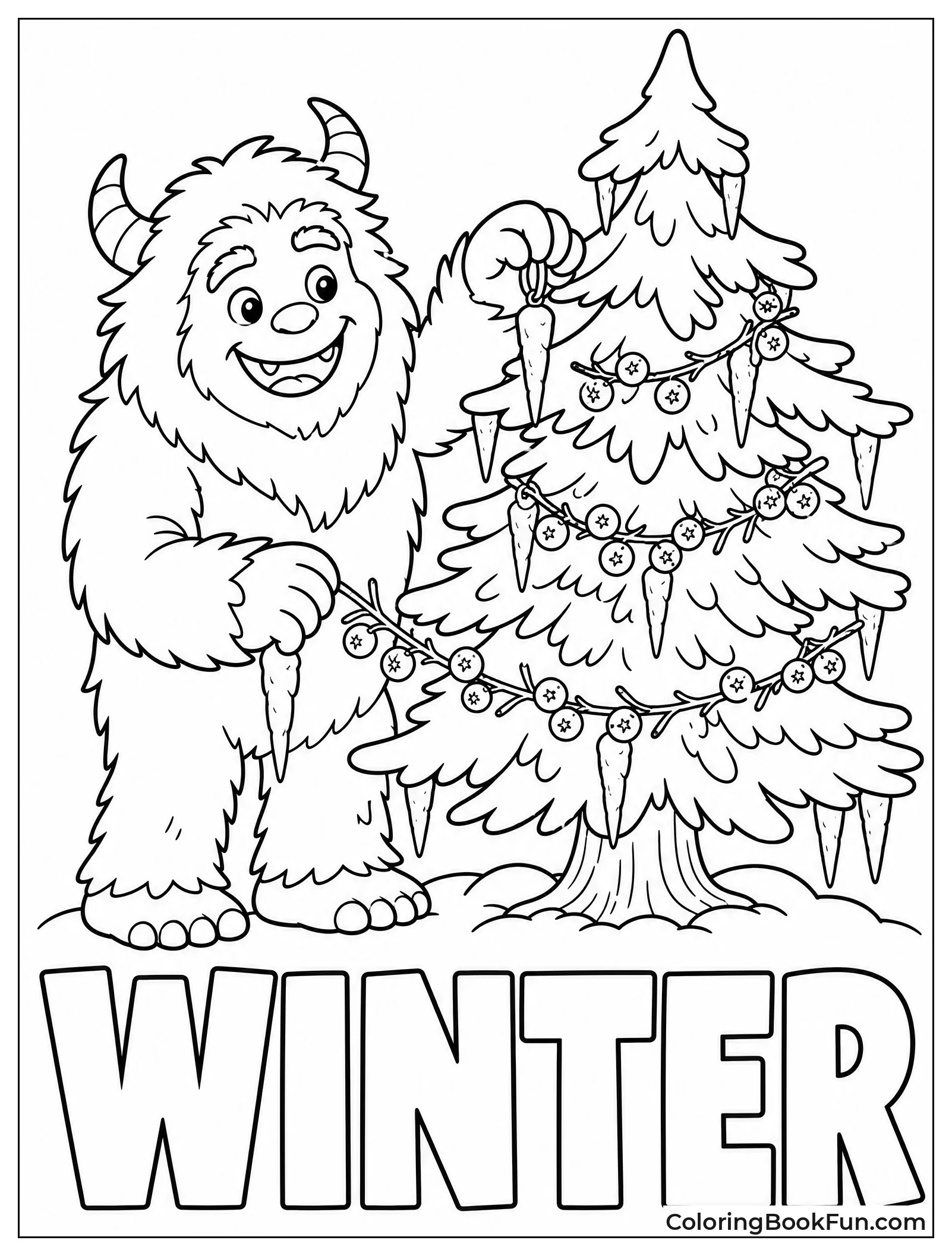 Yeti Decorating a Pine Tree