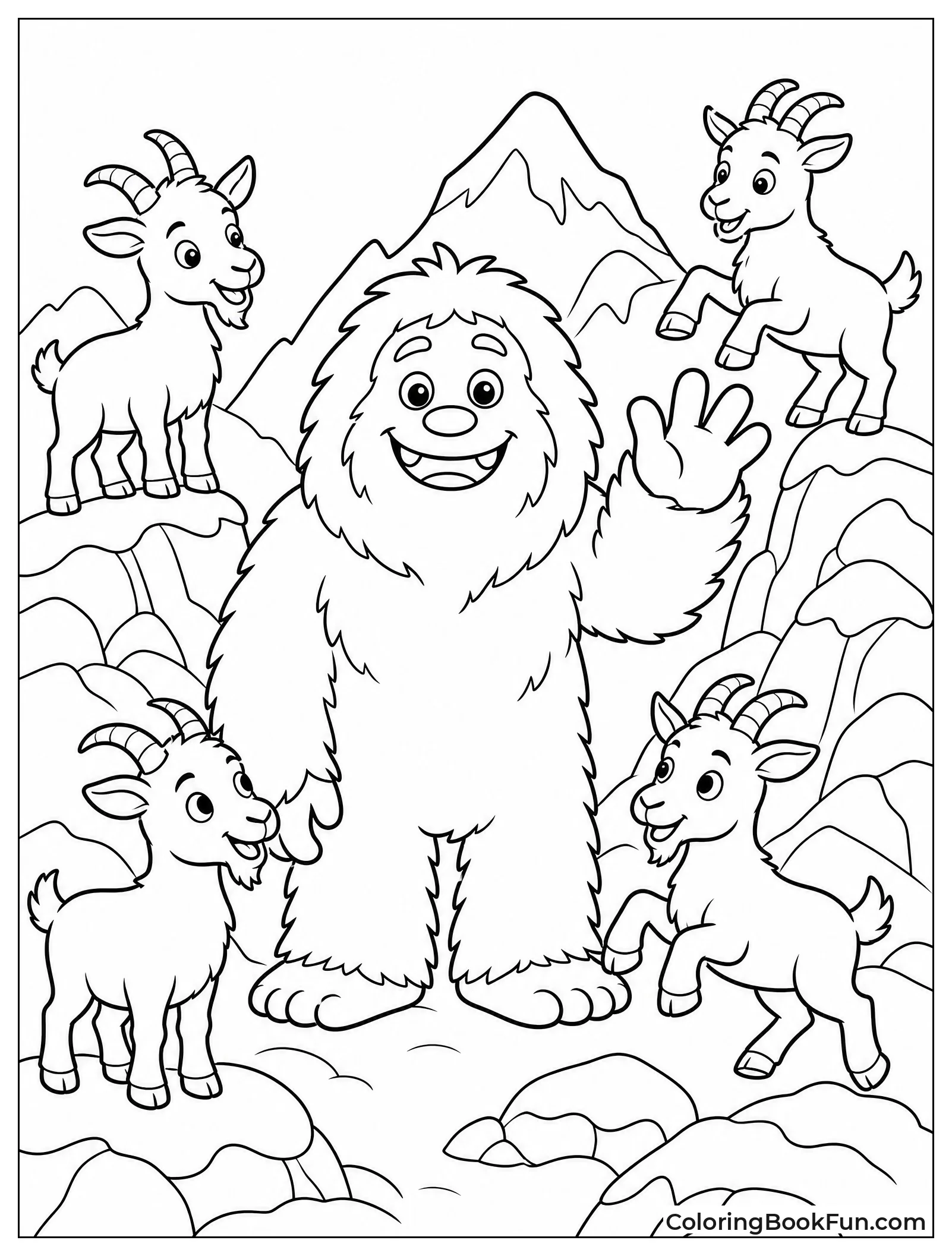 Yeti with Playful Mountain Goats