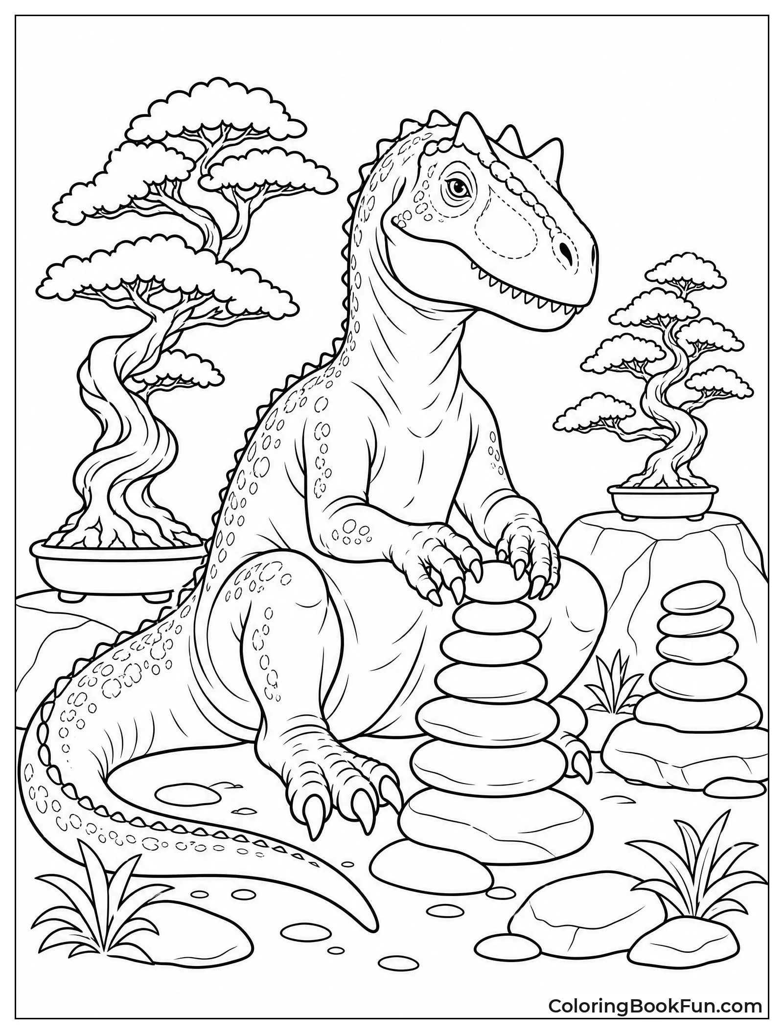 Peaceful Allosaurus in Zen Garden