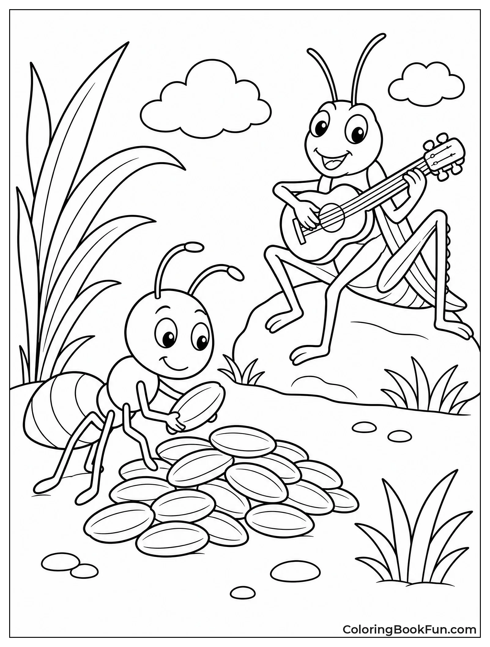 Ant Gathering Food While Grasshopper Plays