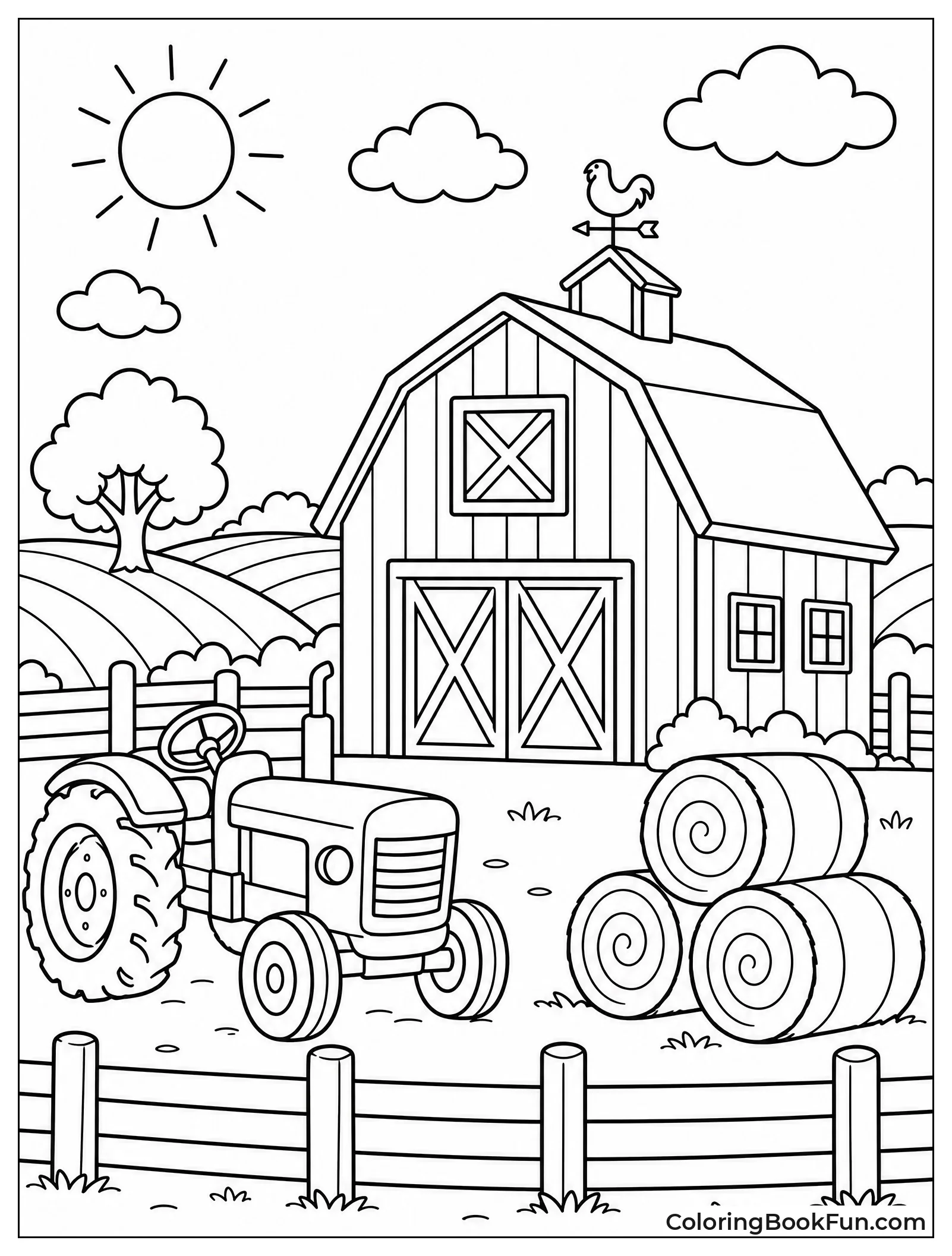 Farmyard with Barn Tractor and Hay