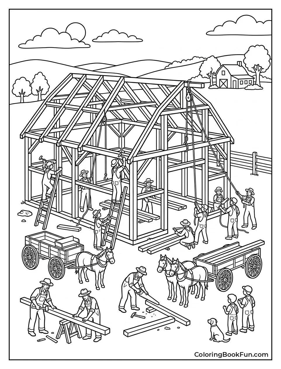 People Building a Barn Frame