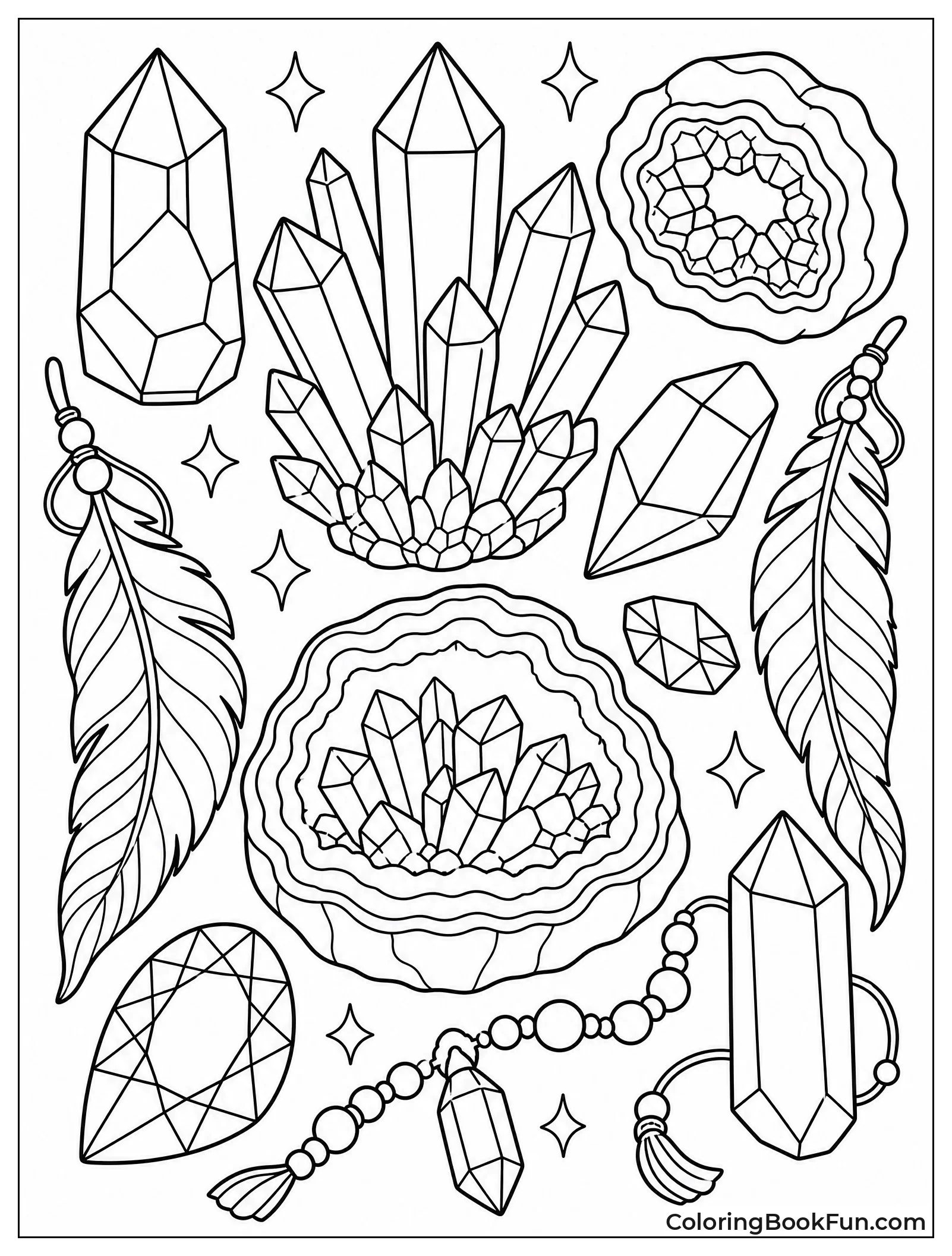 Crystals Laid with Feathers and Beads