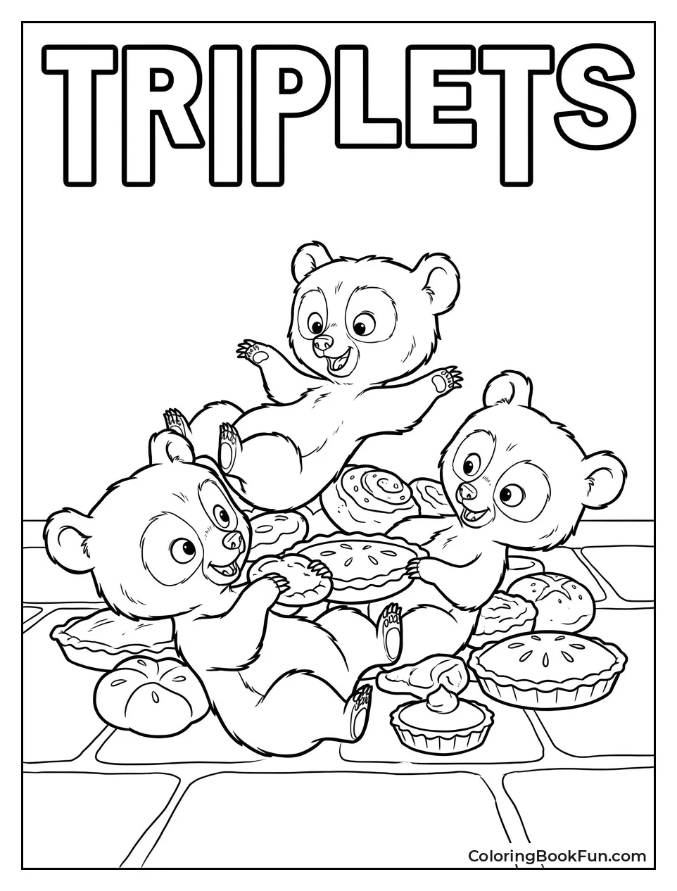 Bear Triplets Playing Behind Pastries