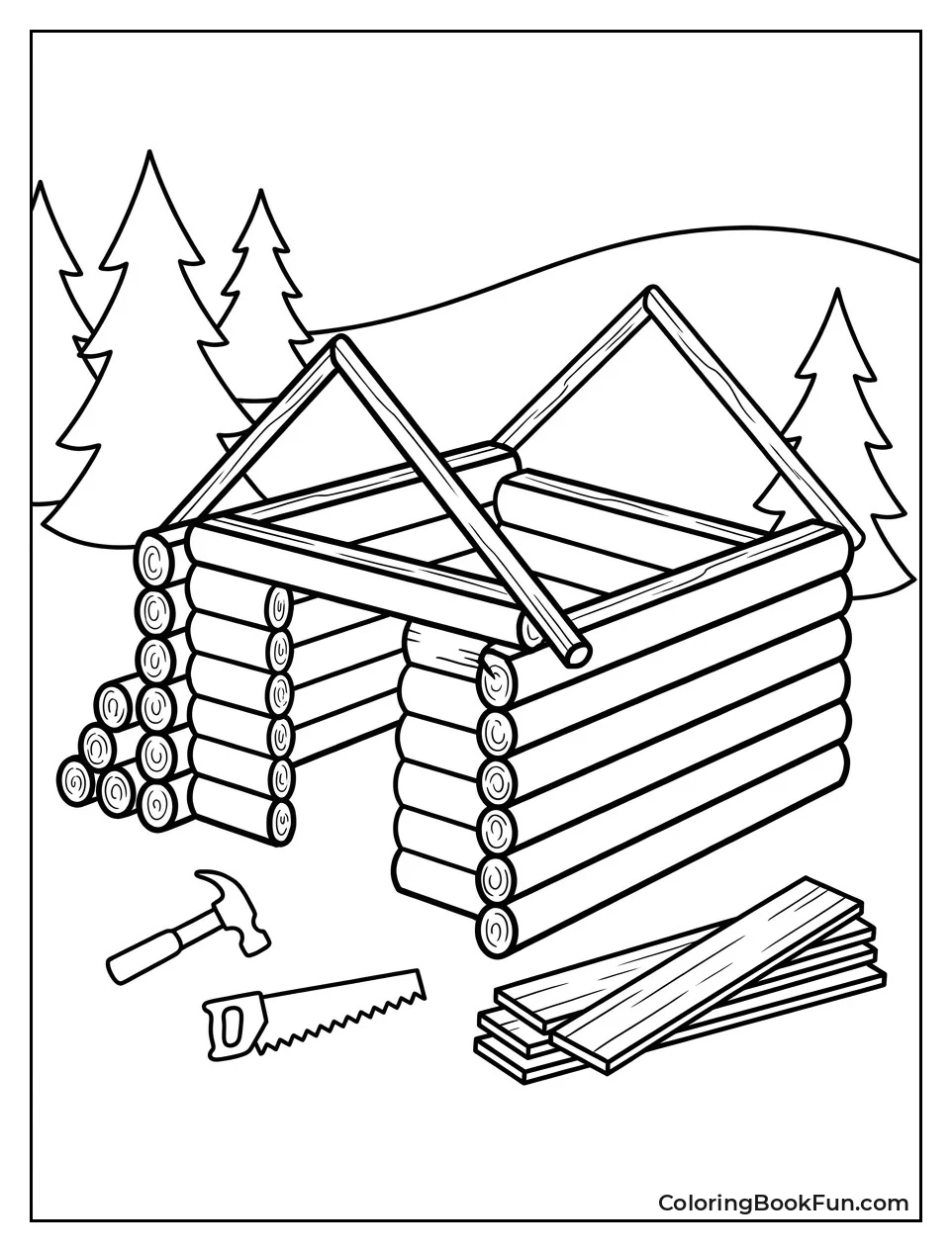 Workers Building a Log Cabin
