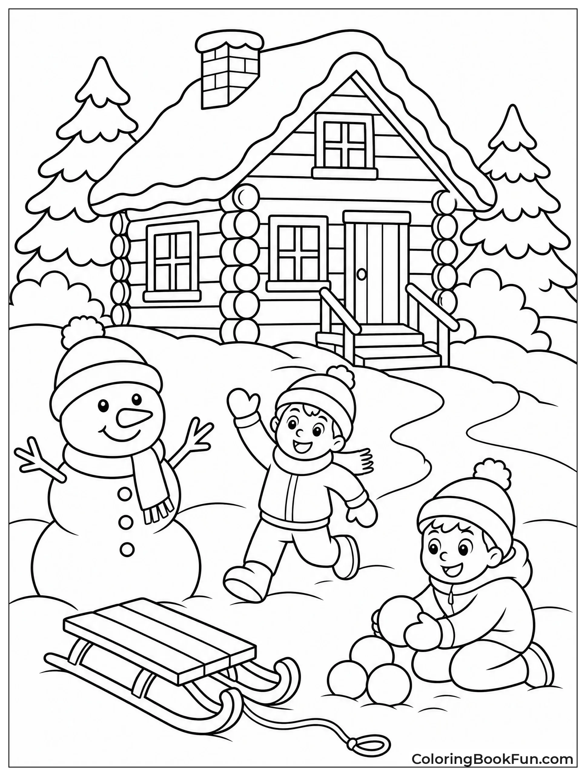 Children Playing Near Snowy Cabin