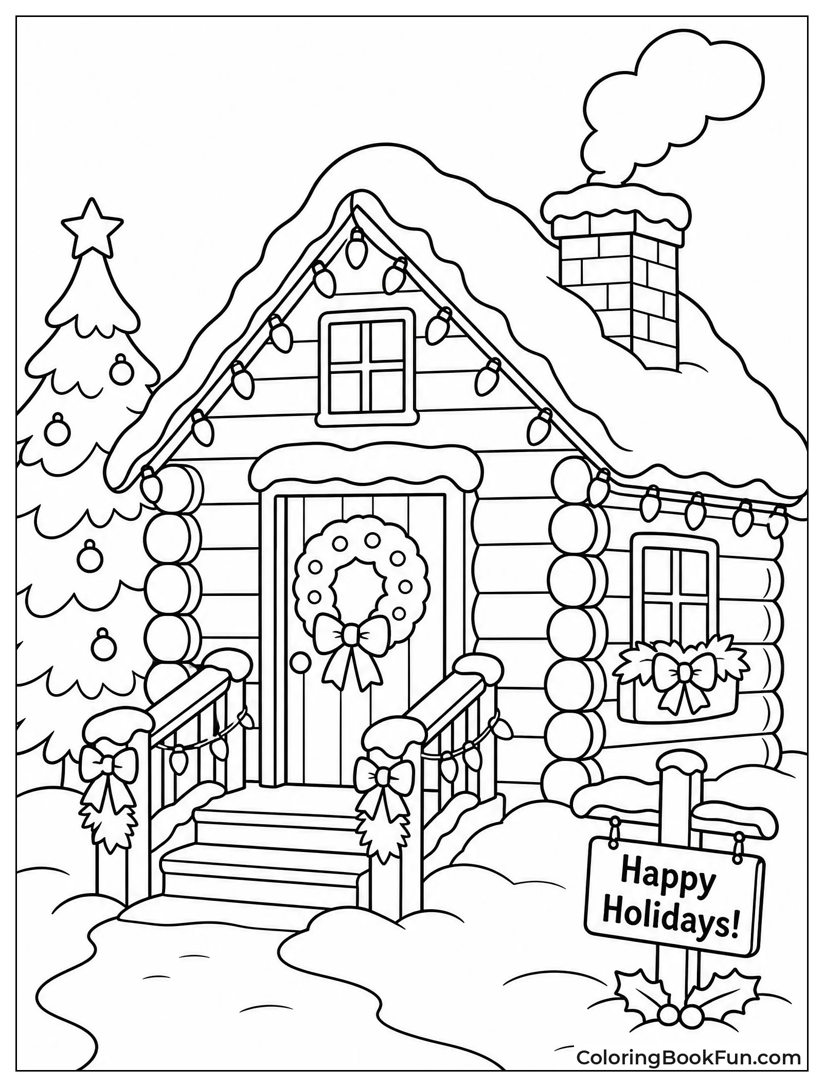 Cabin Decorated with Christmas Lights