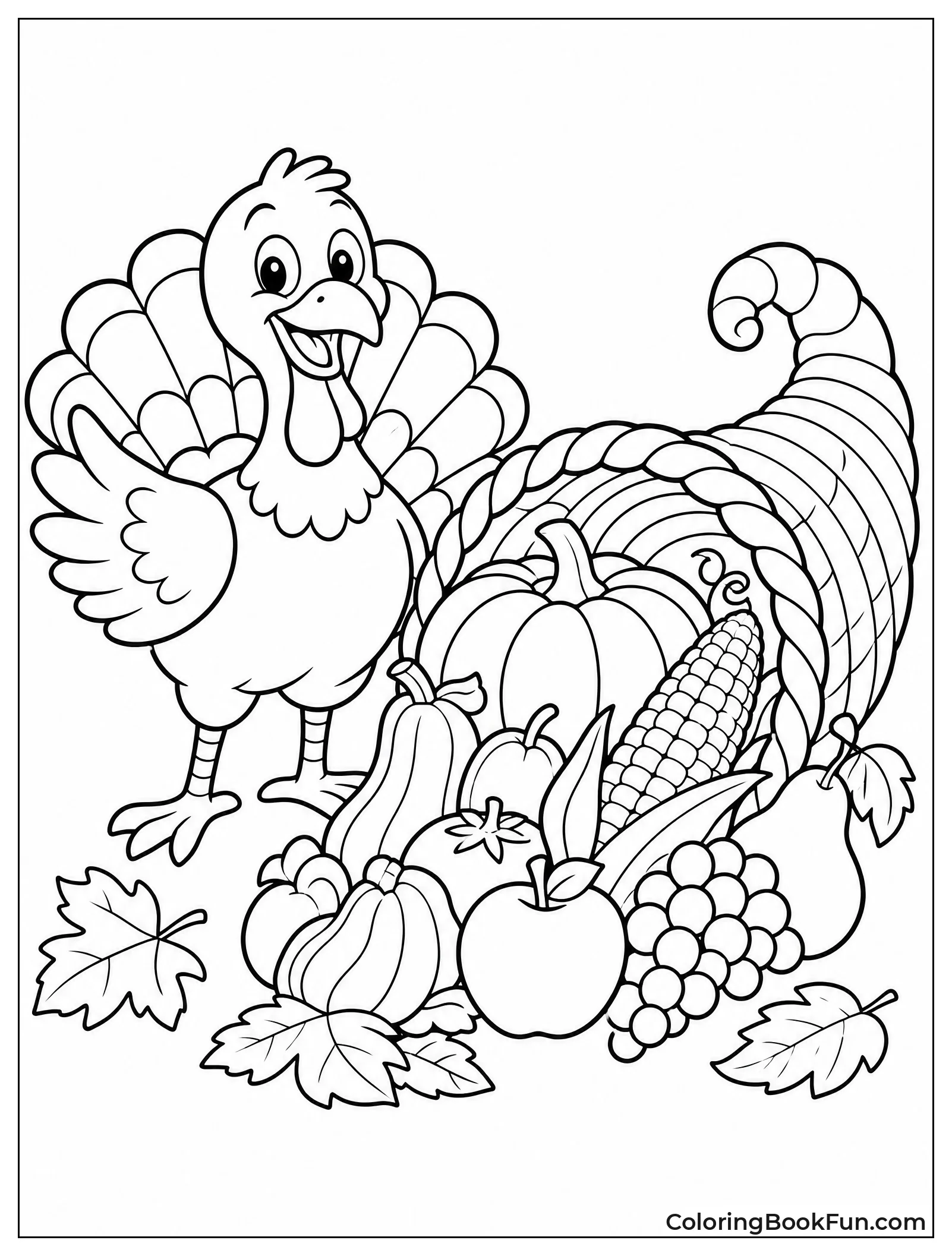Cheerful Turkey beside Full Cornucopia