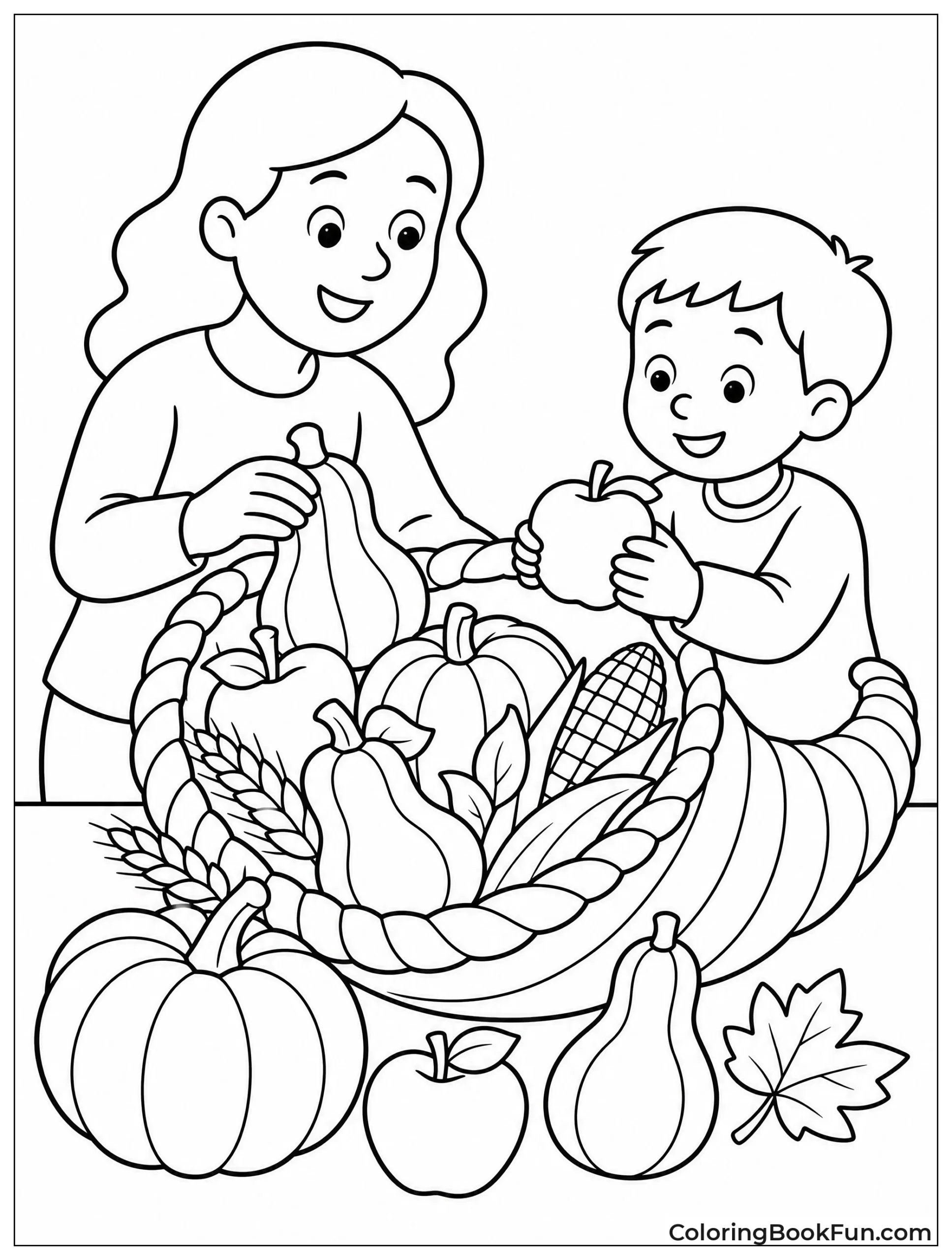 Family Arranging Fruits in Cornucopia
