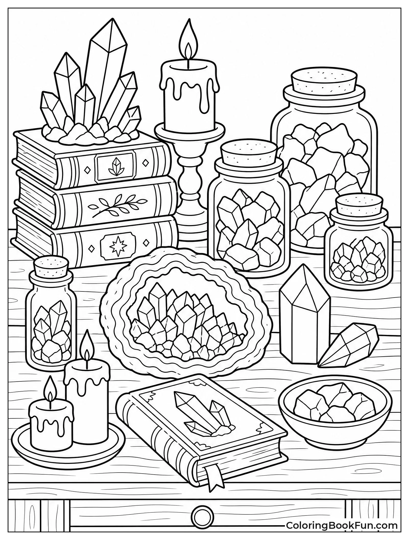 Table with Books Candles and Minerals