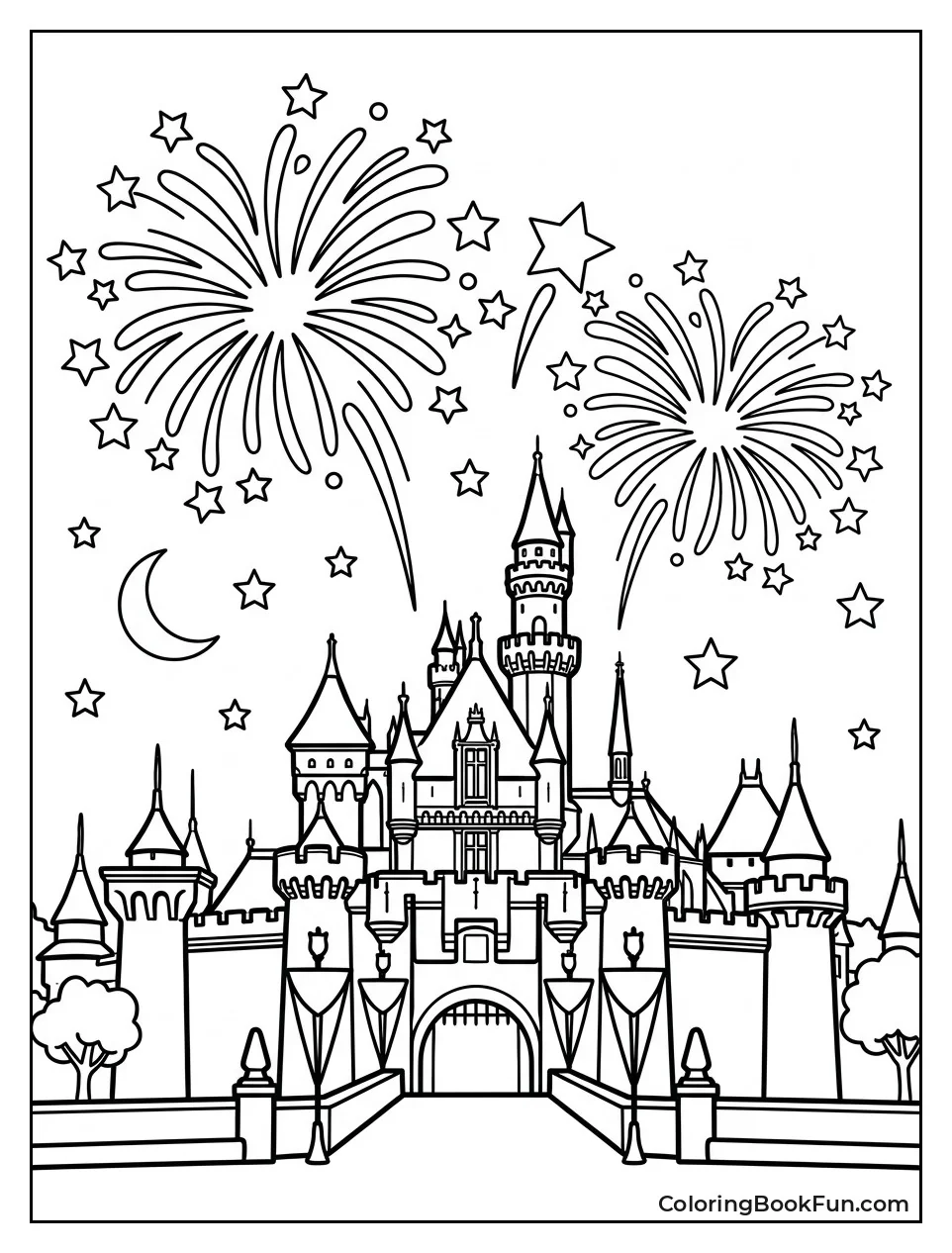 Castle Under Fireworks at Night