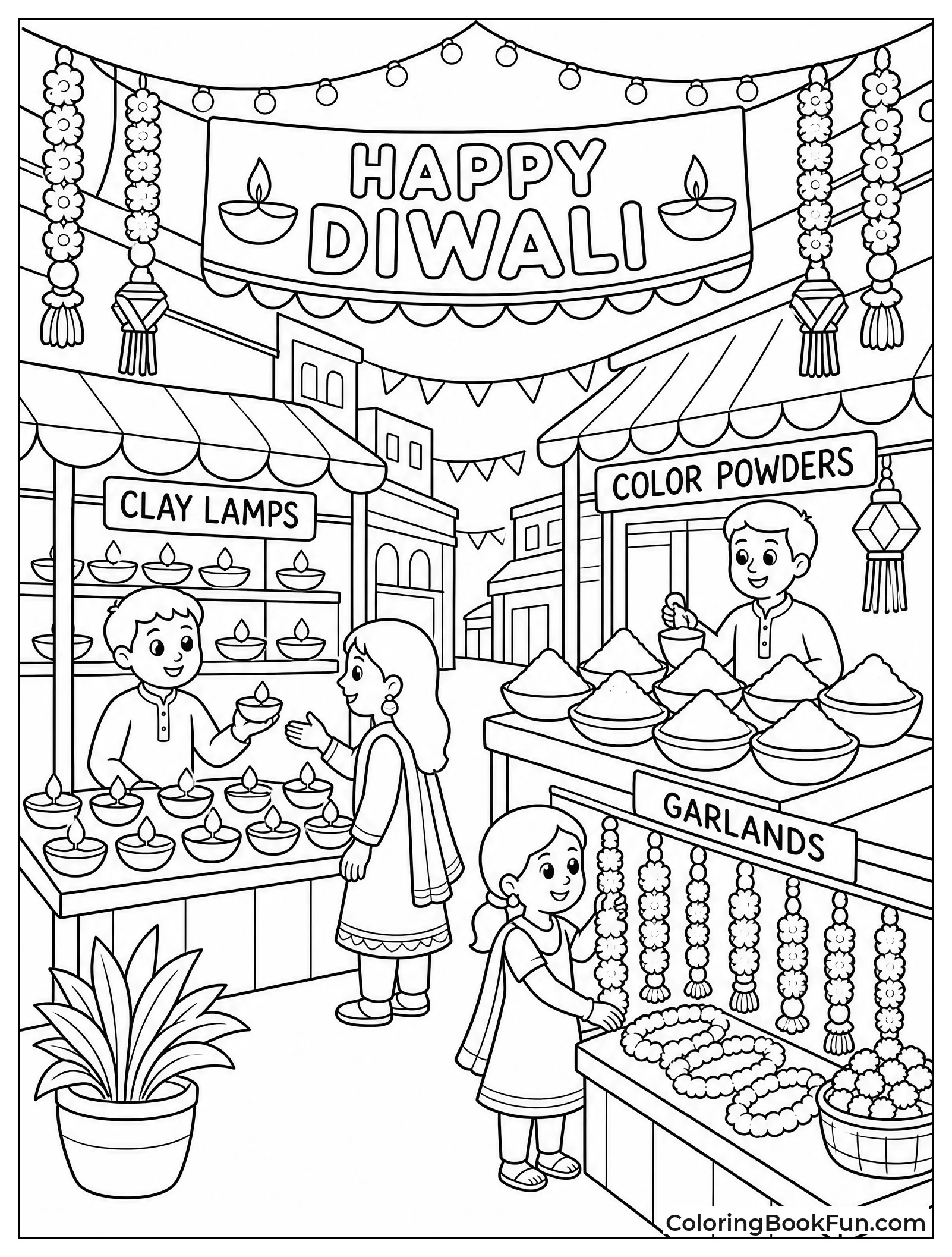 Family Shopping at Busy Market Stalls