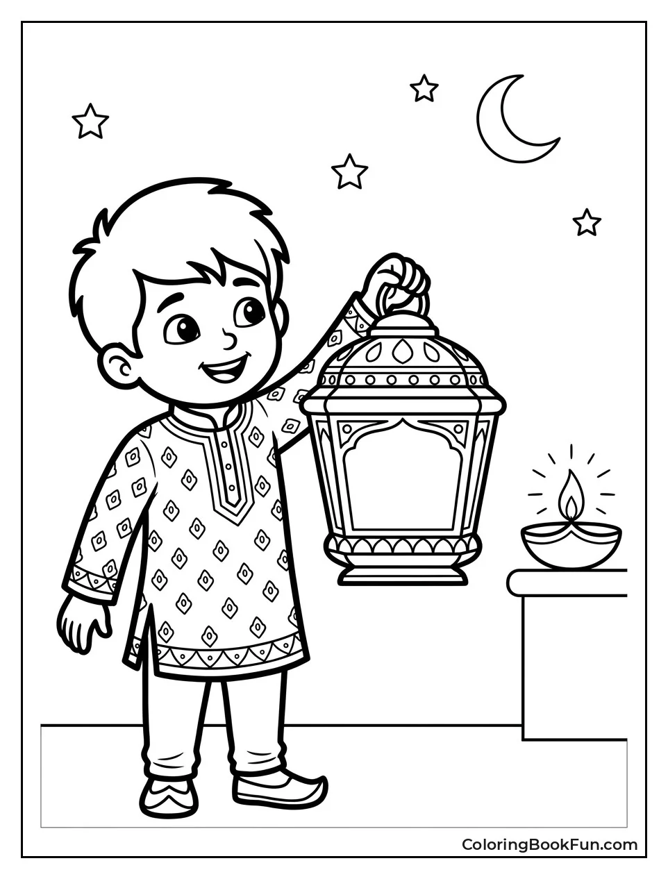 Boy Holding Decorated Lantern at Night