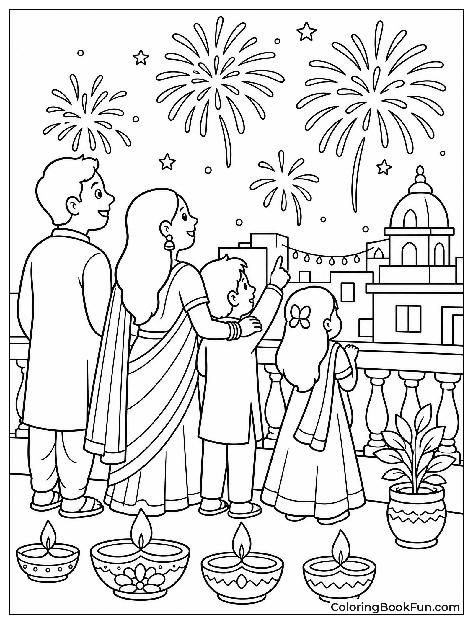 Family Watching Fireworks at Night