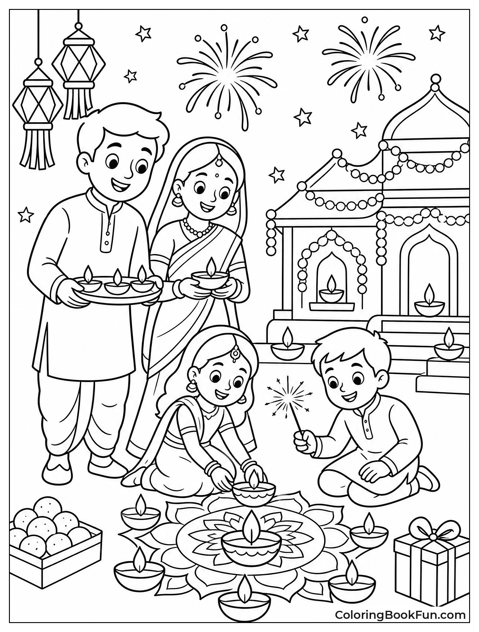 People Celebrating Diwali with Lights and Fireworks