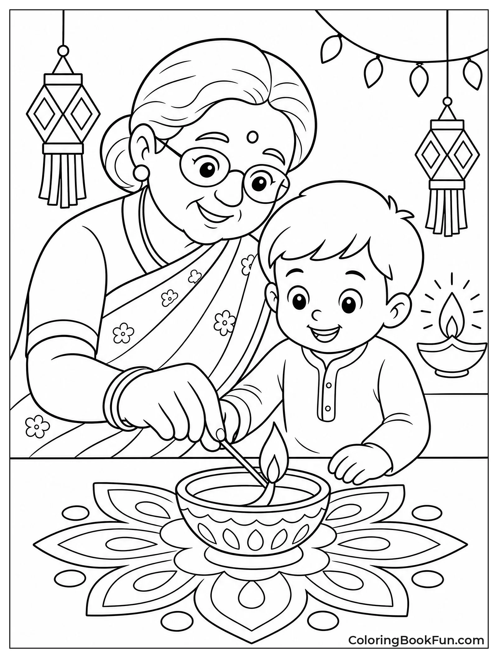 Grandma Helping Child Light Diya